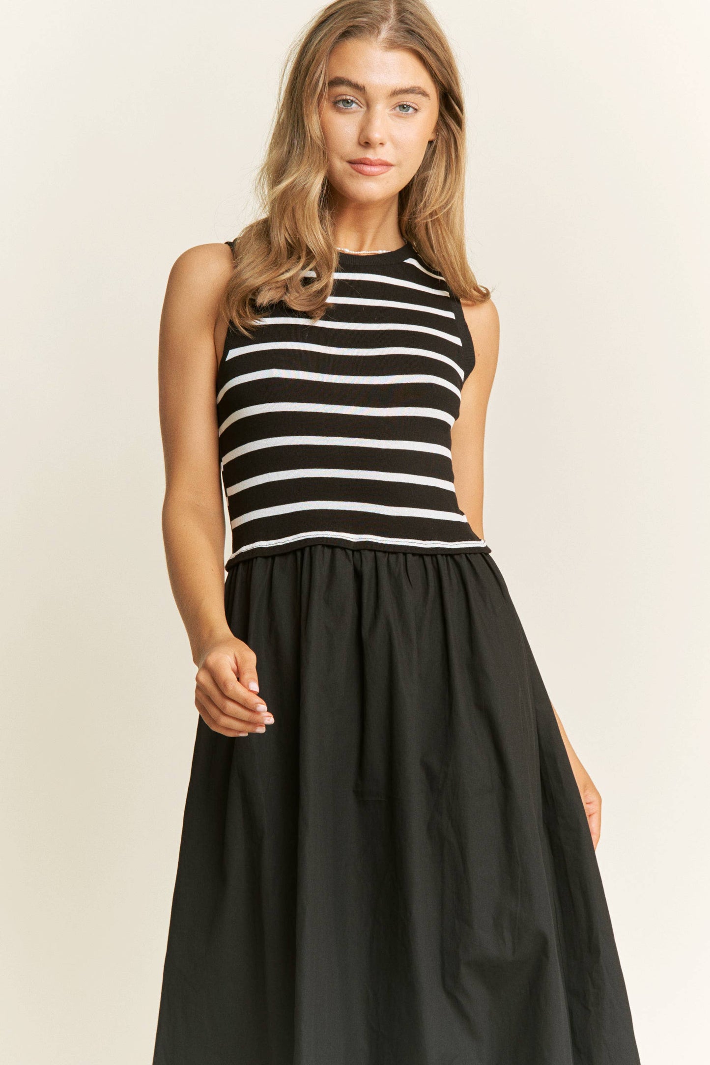 Cotton Maxi Dress with Knit Stripe Top – Sleeveless Pullover
