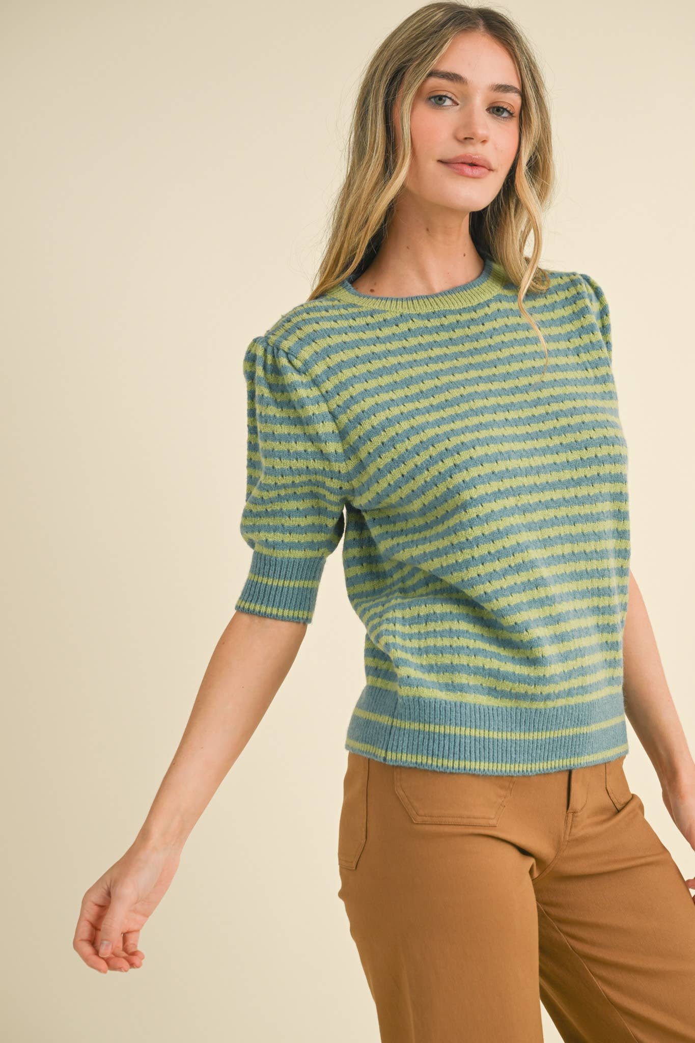 Striped Pointelle Knit Sweater with Puff Sleeves – Lightweight Crew Neck
