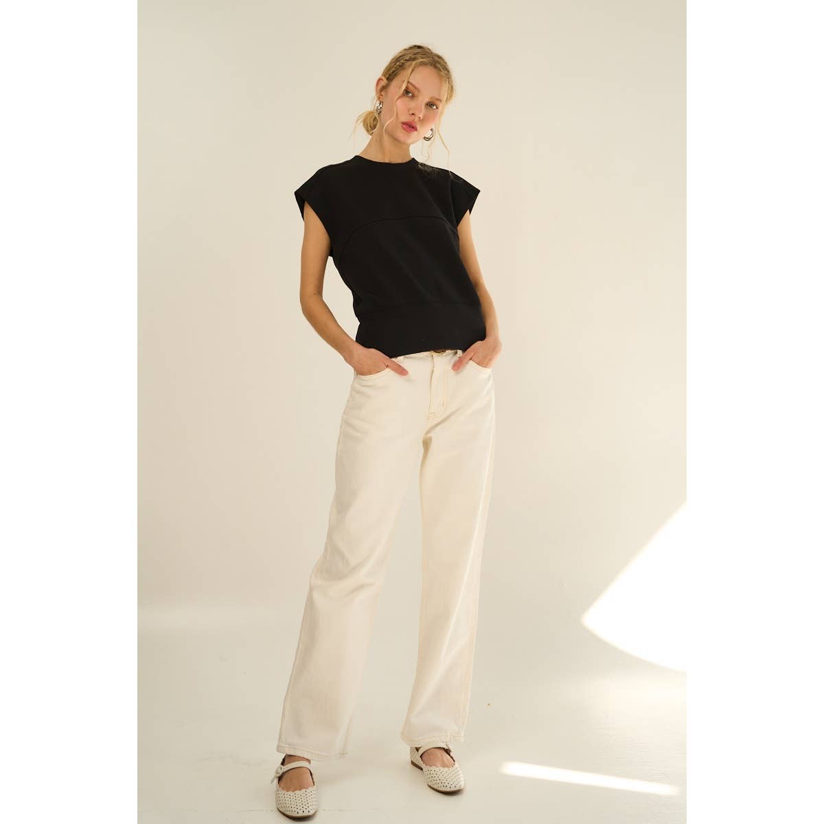 Adjustable Buckle Drop Shoulder Knit Top with Back Slit — Soft Cotton Blend