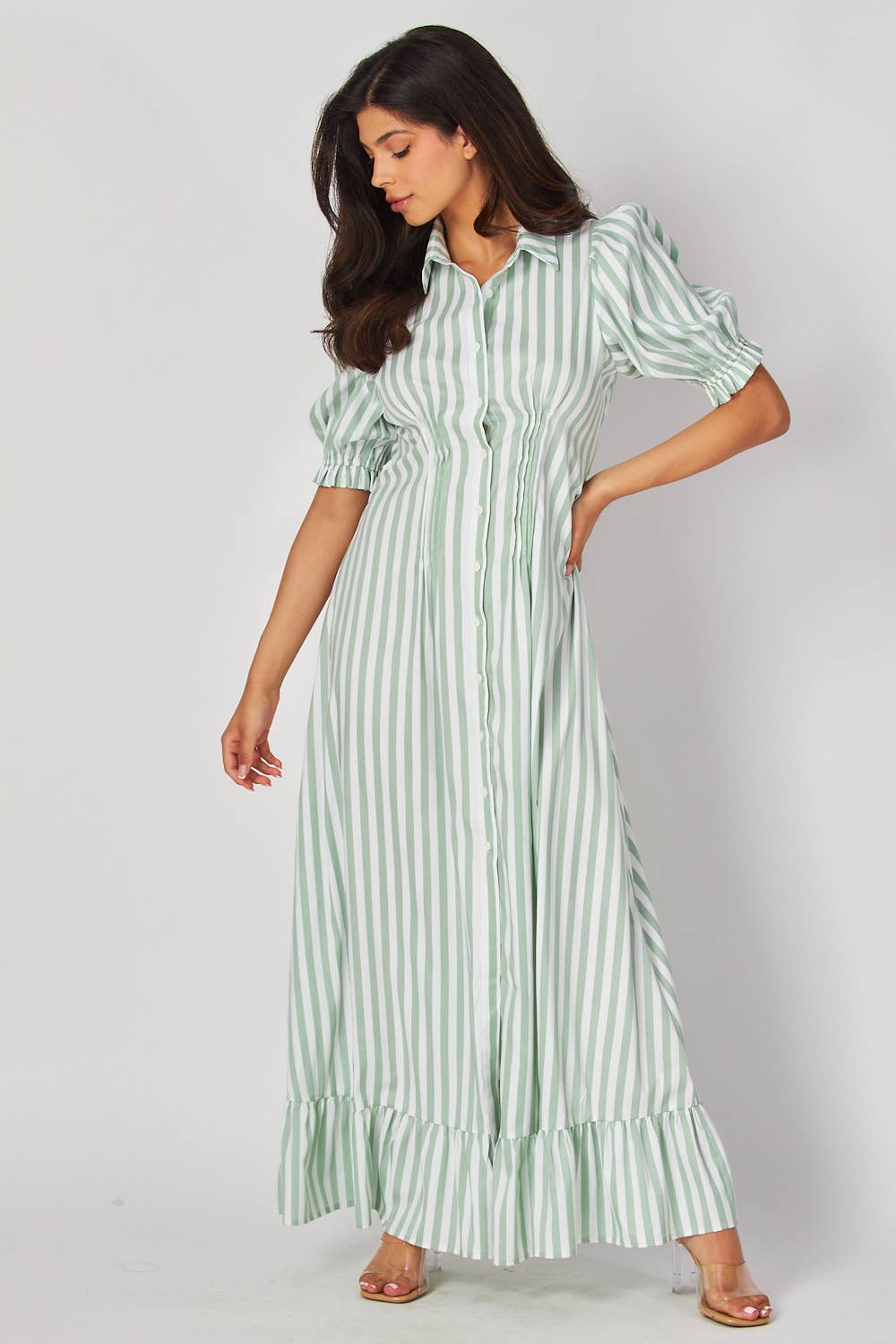 Stripe Bubble Sleeve Button-Down Maxi Dress-GREEN