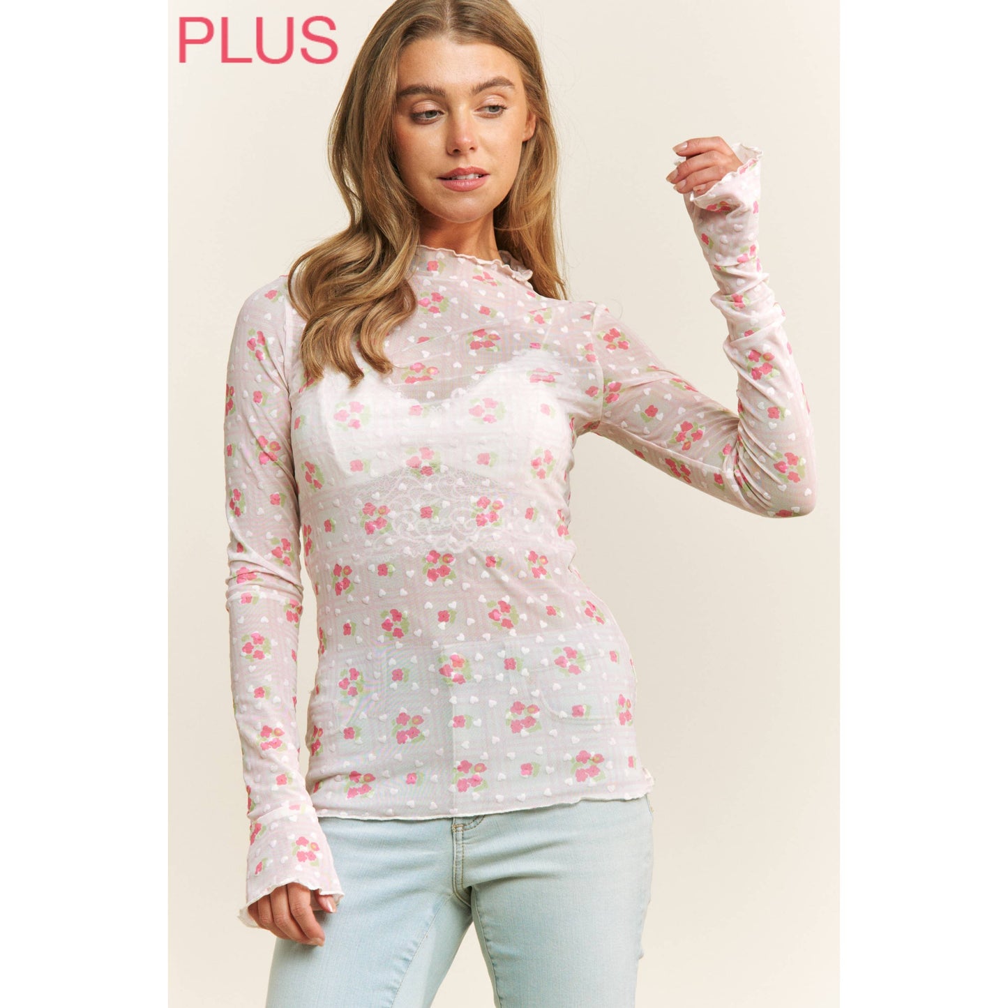 CUTE MESH HEART FLOCKING WITH FLORAL PRINT HIGH NECK DESIGN