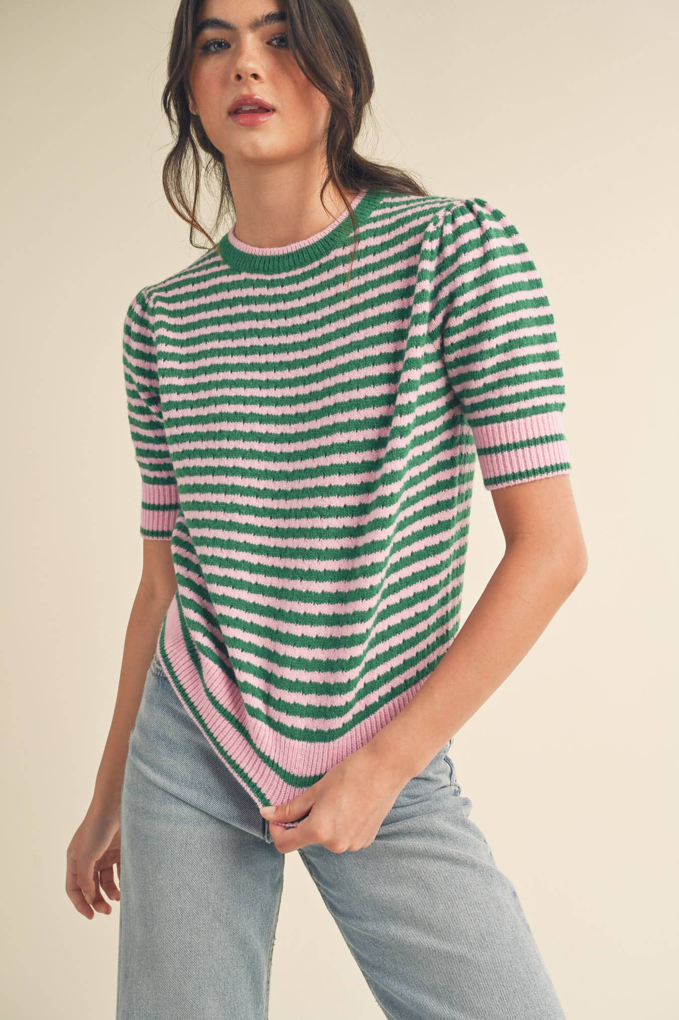 Striped Pointelle Knit Sweater with Puff Sleeves – Lightweight Crew Neck