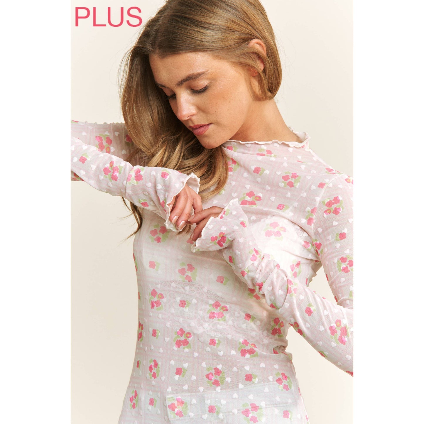 CUTE MESH HEART FLOCKING WITH FLORAL PRINT HIGH NECK DESIGN