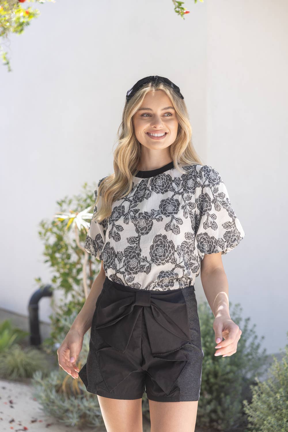 Floral Bubble Sleeve Top – Ribbed Round Neck Blouse