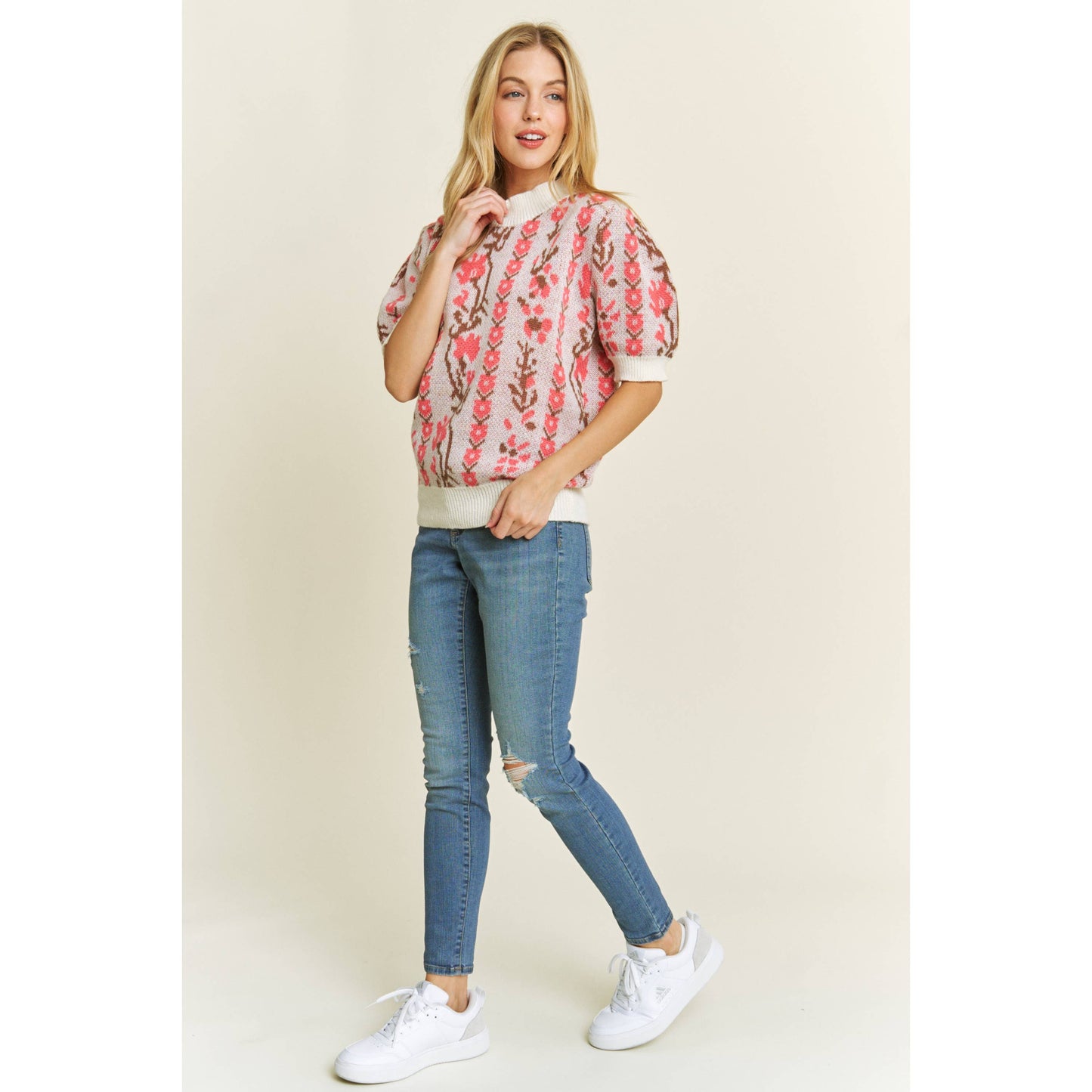 CUTE FLORAL JACQUARD CASUAL PULLOVER SWEATER