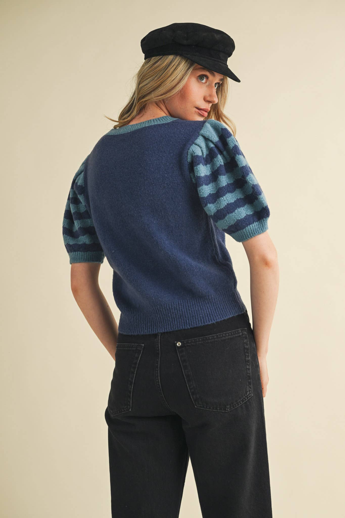 Soft Knit Striped Sweater with Puff Sleeves