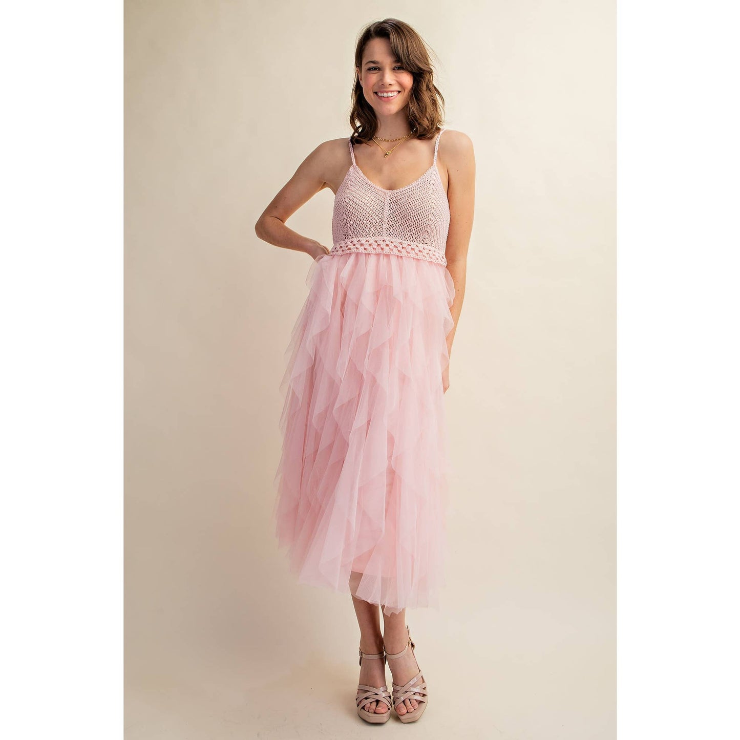Tulle Midi Crochet Dress – Heart Neckline & Adjustable Waist