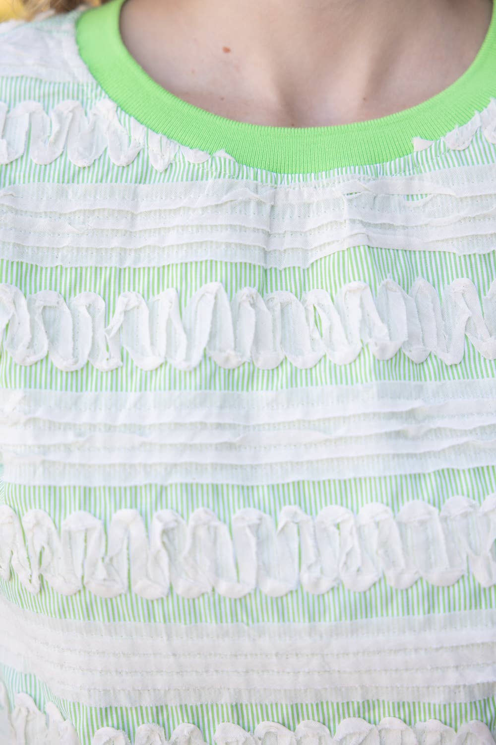 Striped Puff Sleeve Top with Wavy Contrast Trim