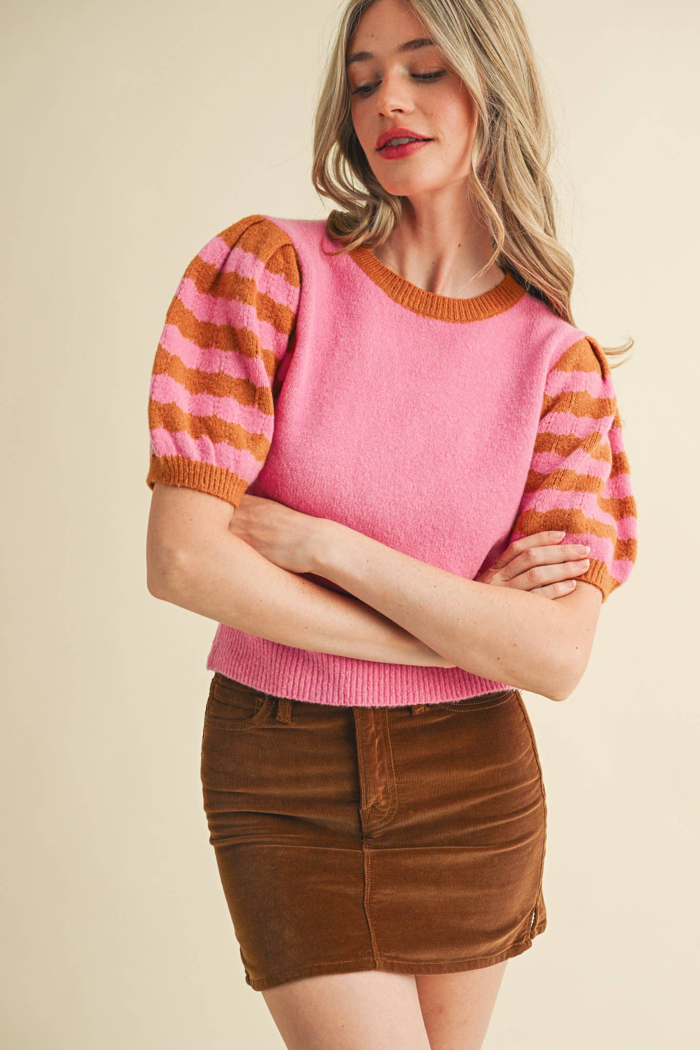 Soft Knit Striped Sweater with Puff Sleeves