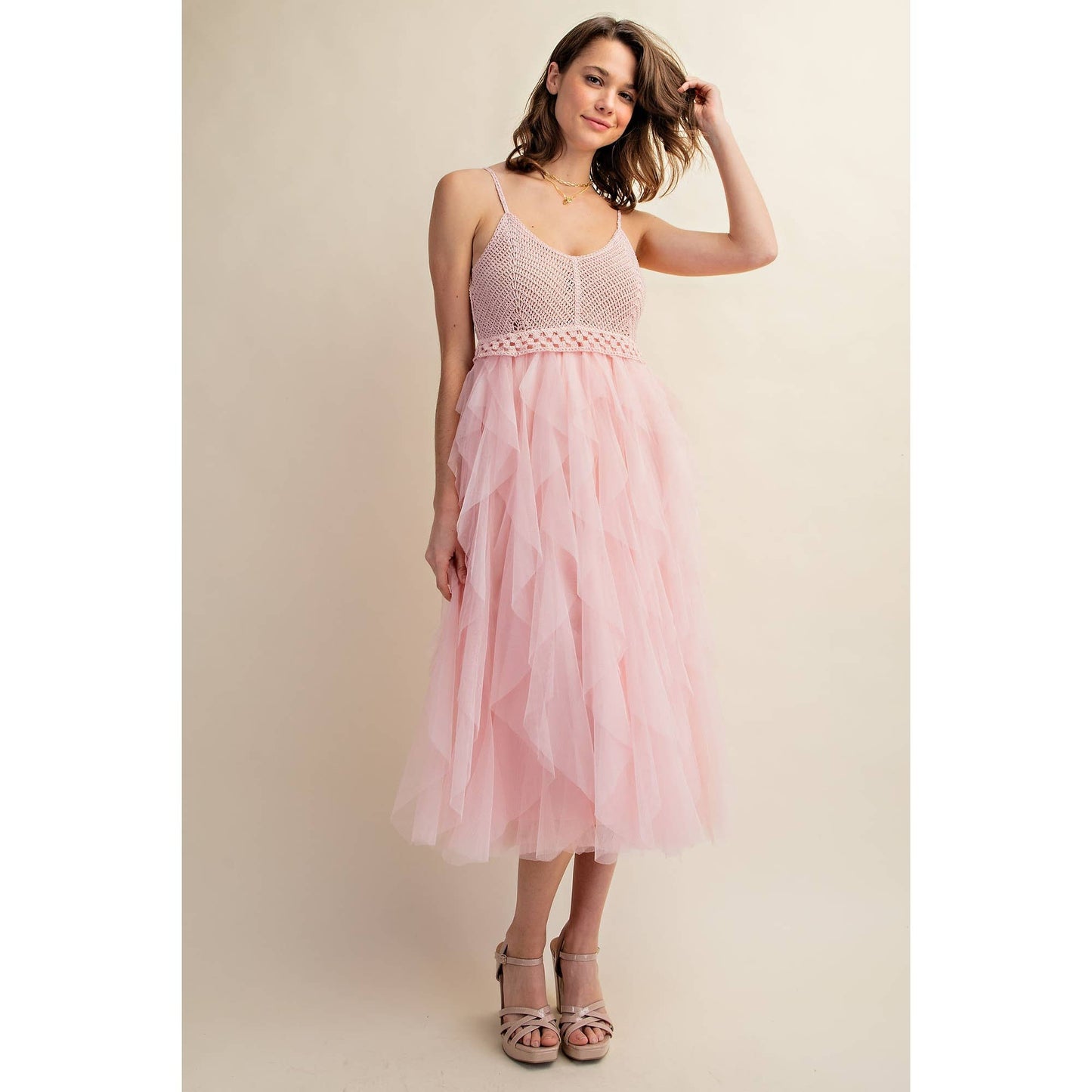 Tulle Midi Crochet Dress – Heart Neckline & Adjustable Waist
