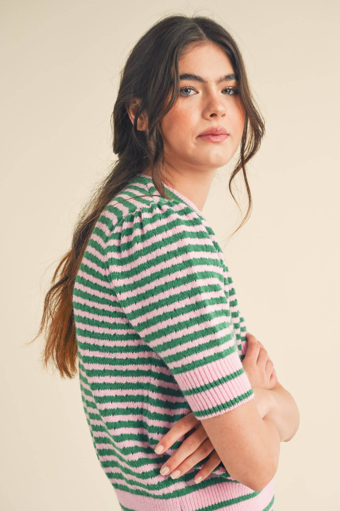 Striped Pointelle Knit Sweater with Puff Sleeves – Lightweight Crew Neck