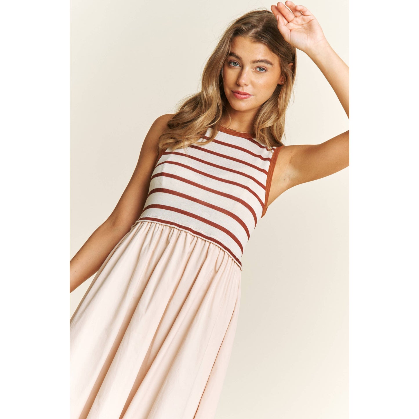 Cotton Maxi Dress with Knit Stripe Top – Sleeveless Pullover