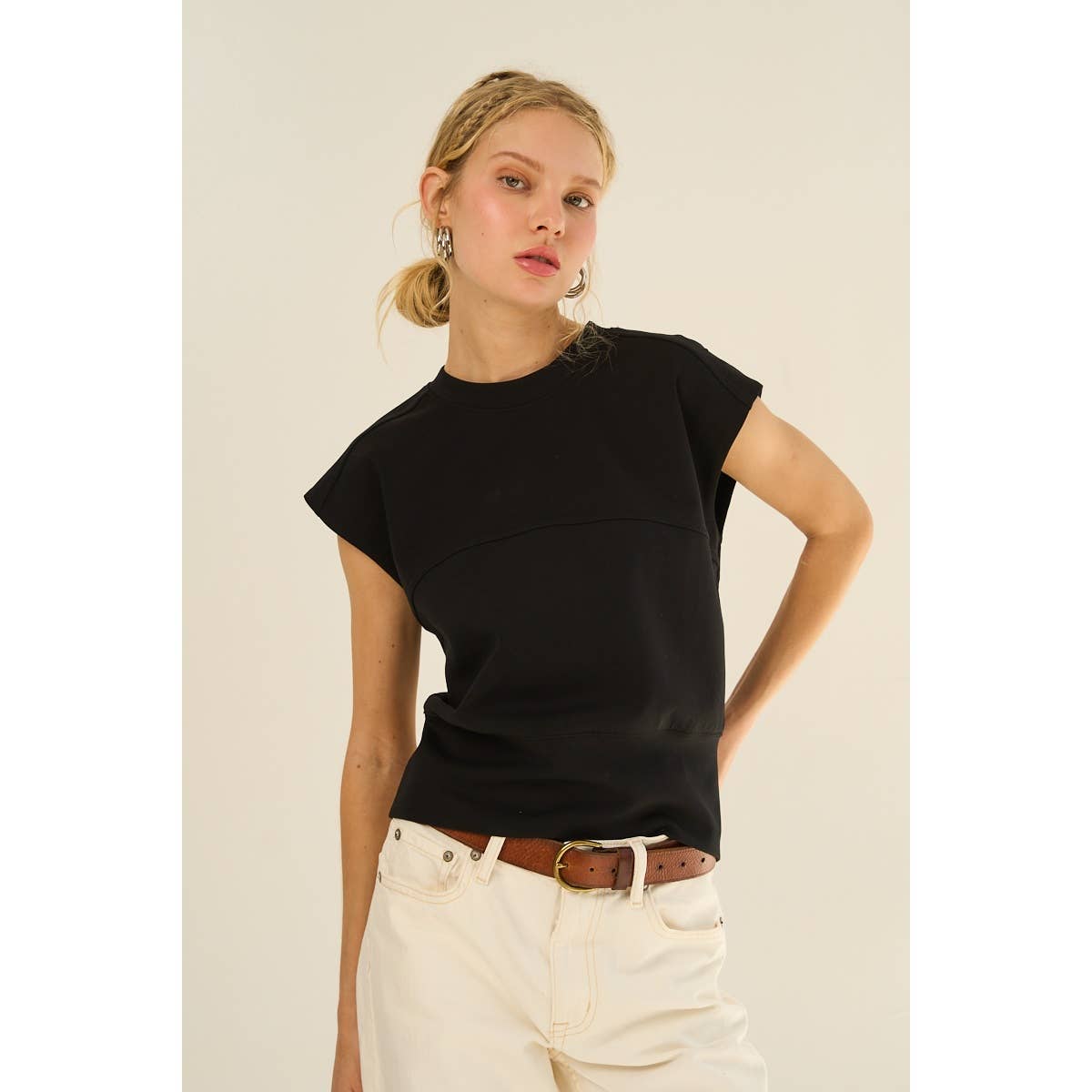 Adjustable Buckle Drop Shoulder Knit Top with Back Slit — Soft Cotton Blend