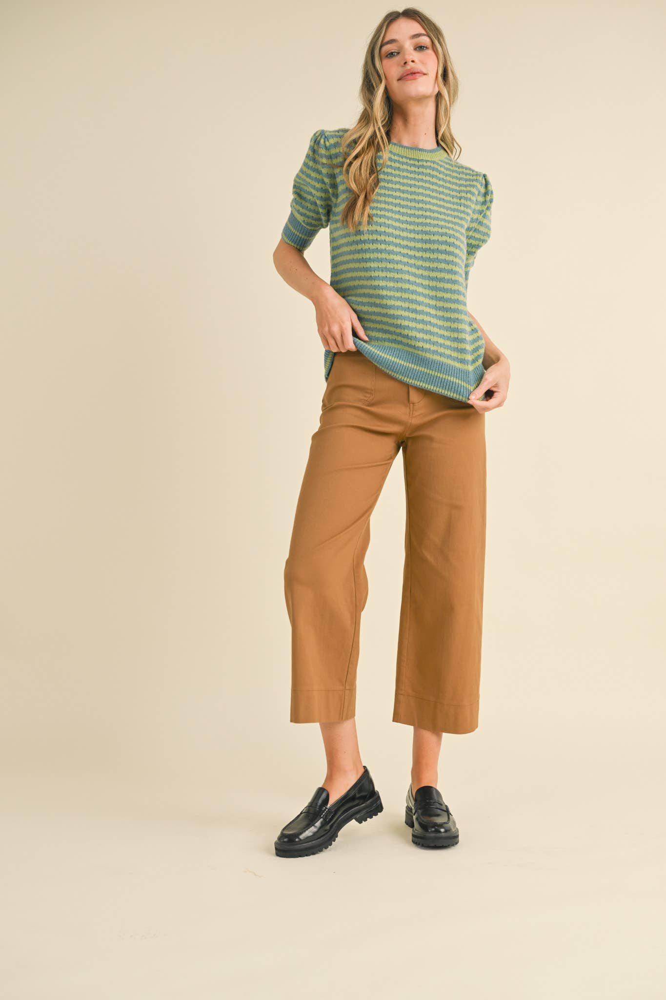 Striped Pointelle Knit Sweater with Puff Sleeves – Lightweight Crew Neck