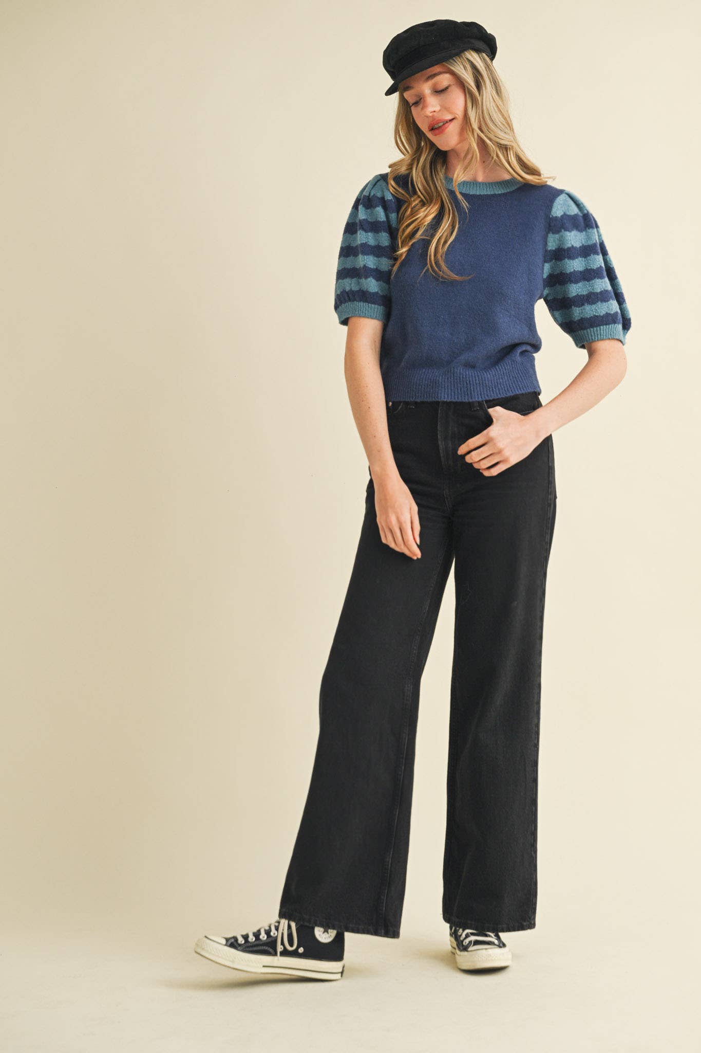 Soft Knit Striped Sweater with Puff Sleeves