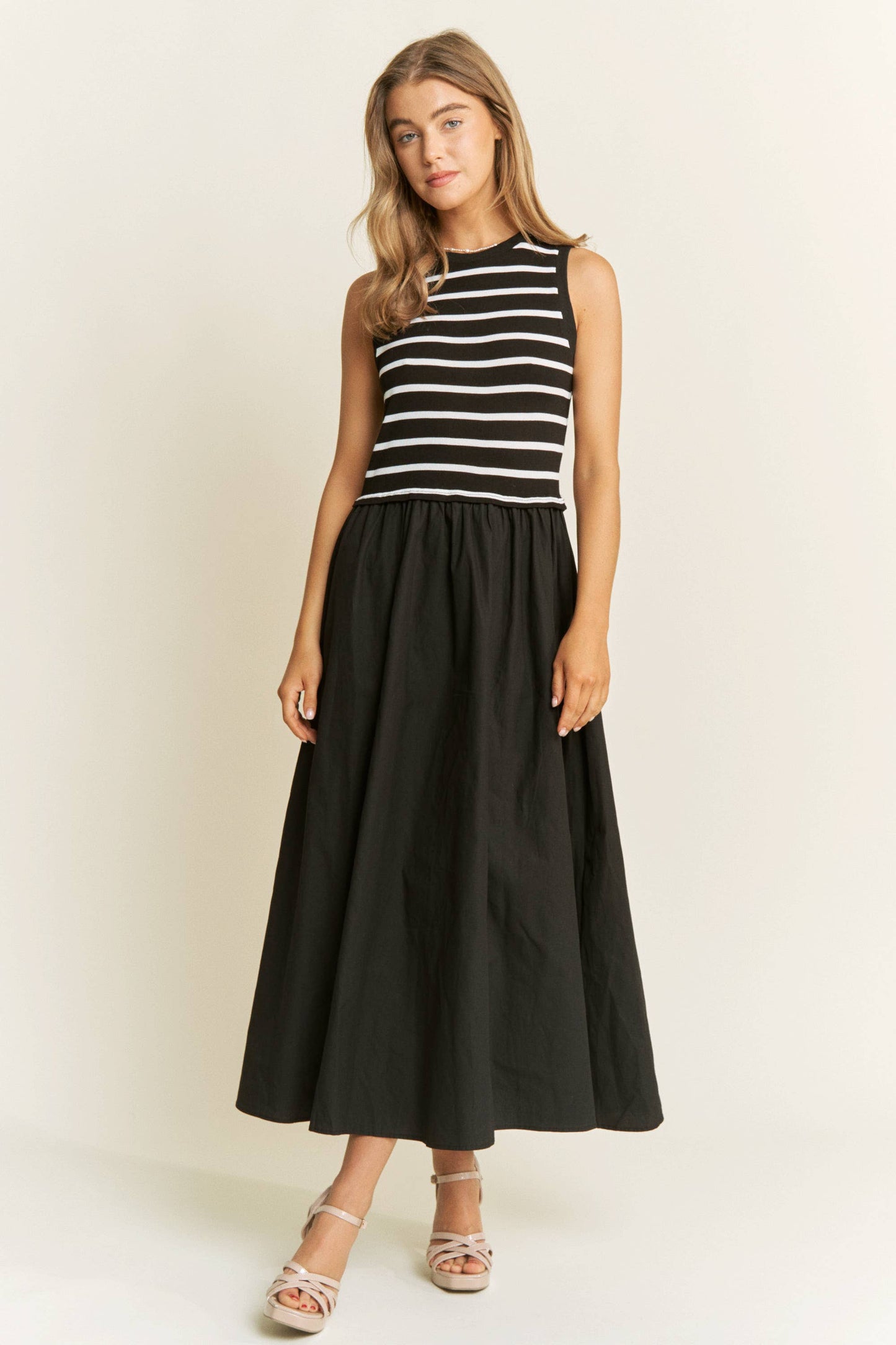 Cotton Maxi Dress with Knit Stripe Top – Sleeveless Pullover