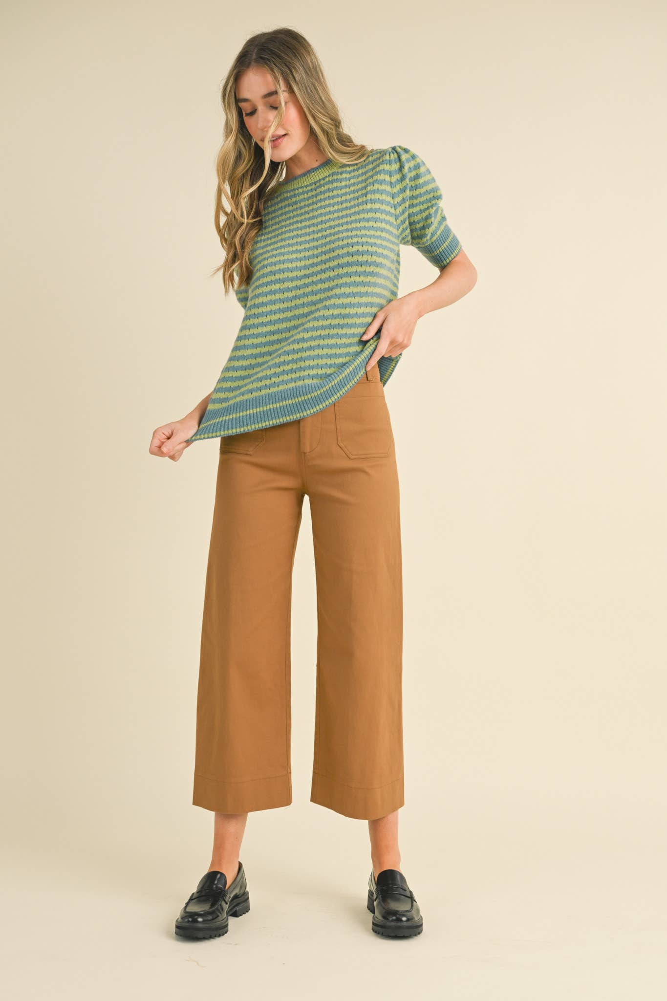Striped Pointelle Knit Sweater with Puff Sleeves – Lightweight Crew Neck