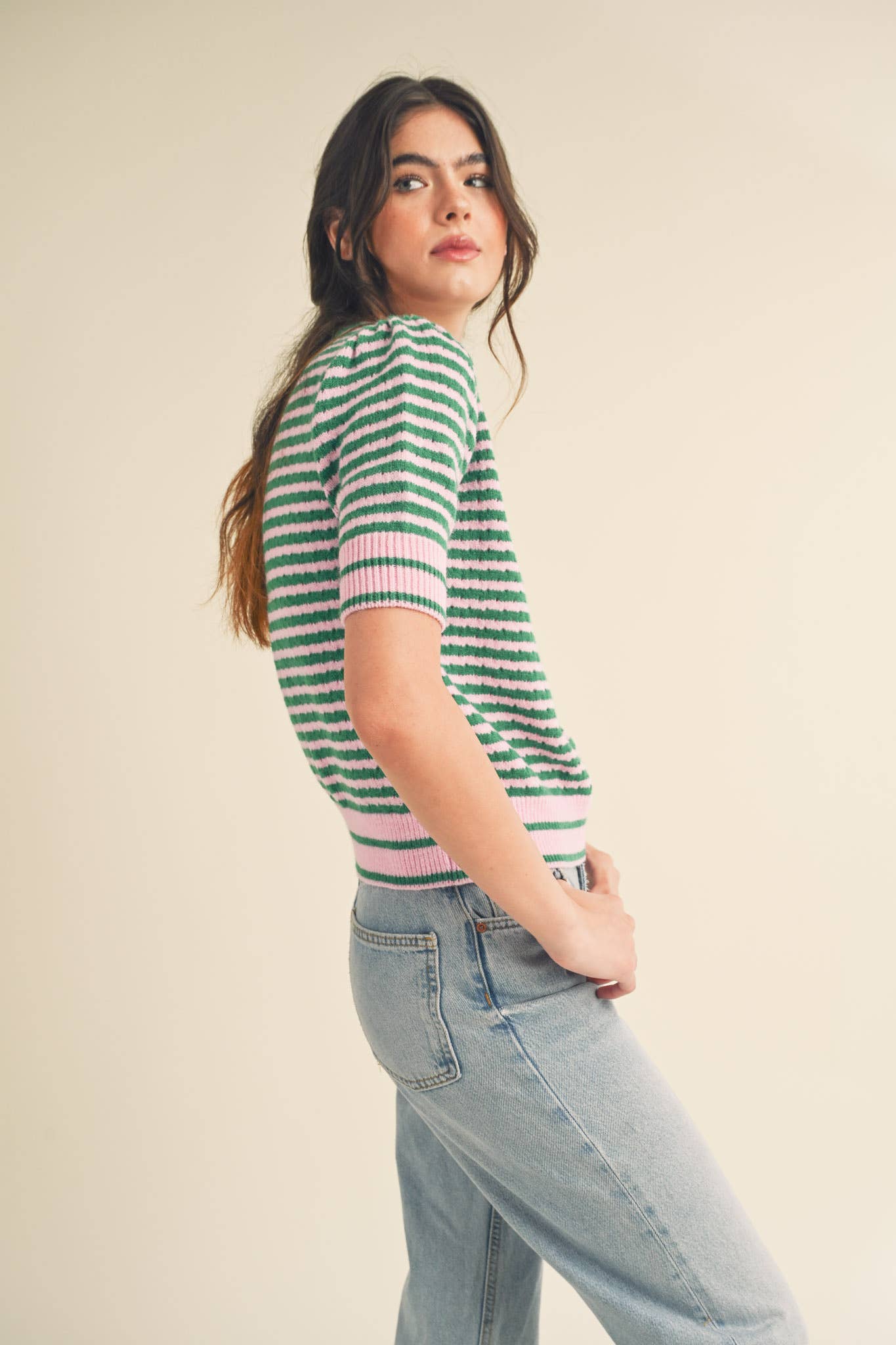 Striped Pointelle Knit Sweater with Puff Sleeves – Lightweight Crew Neck