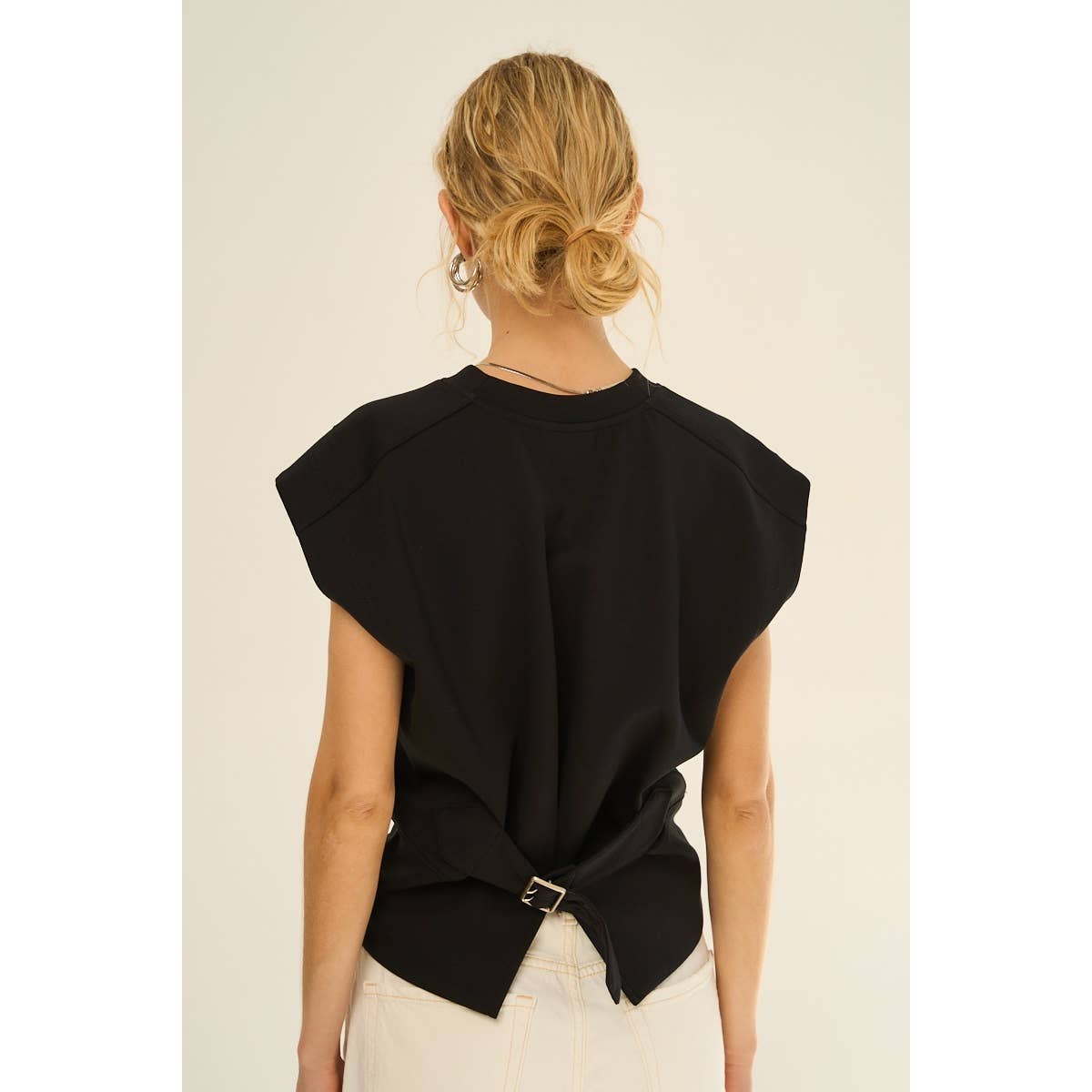 Adjustable Buckle Drop Shoulder Knit Top with Back Slit — Soft Cotton Blend