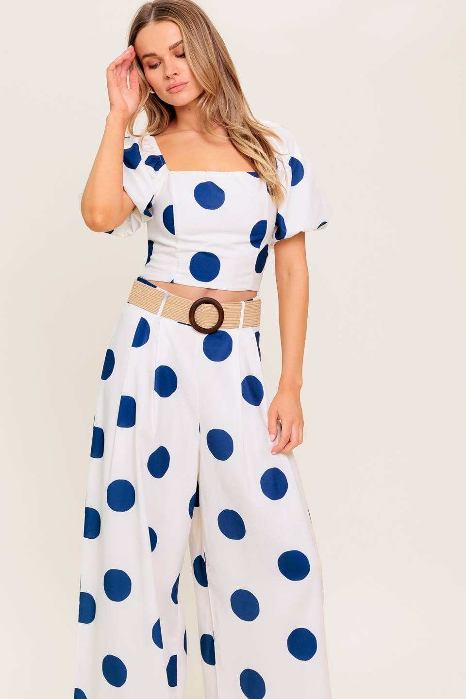 Blue Polka Dot Puff Sleeve Set – Square Neck Top & Streamlined Pants