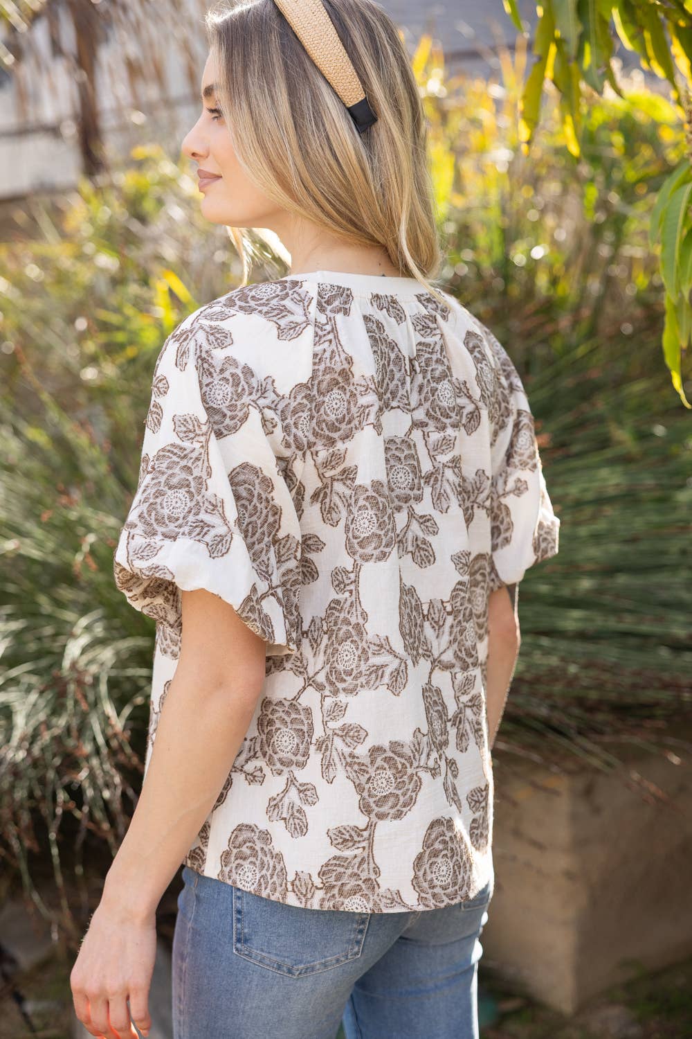 Floral Bubble Sleeve Top – Ribbed Round Neck Blouse