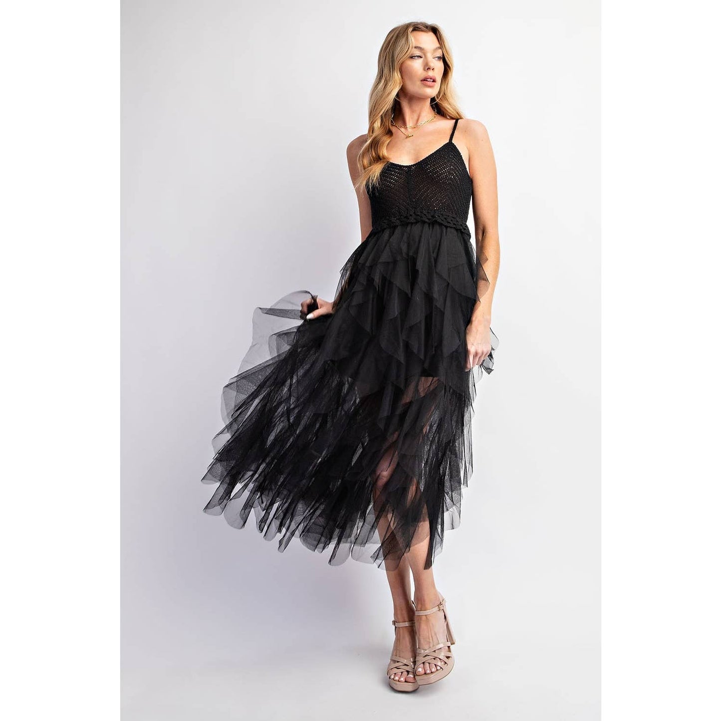 Tulle Midi Crochet Dress – Heart Neckline & Adjustable Waist