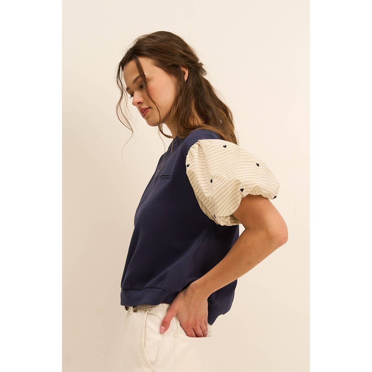 Striped Puff Sleeve Top with Heart Detail – Feminine Blouse