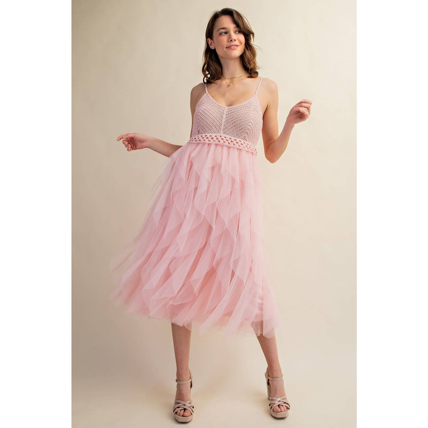 Tulle Midi Crochet Dress – Heart Neckline & Adjustable Waist