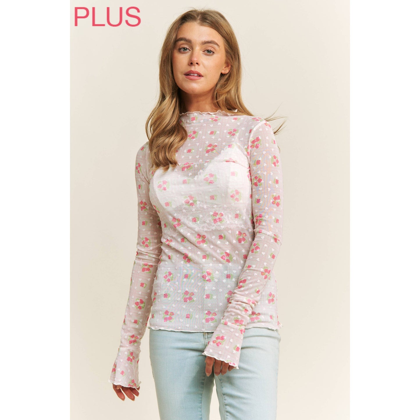 CUTE MESH HEART FLOCKING WITH FLORAL PRINT HIGH NECK DESIGN