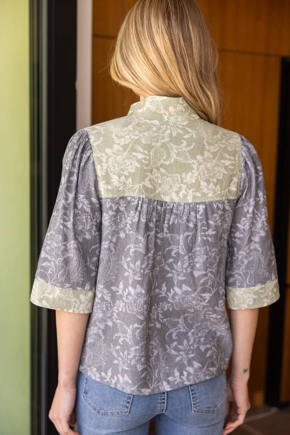 Color Block Floral Top – Wide Sleeve, High V-Neck