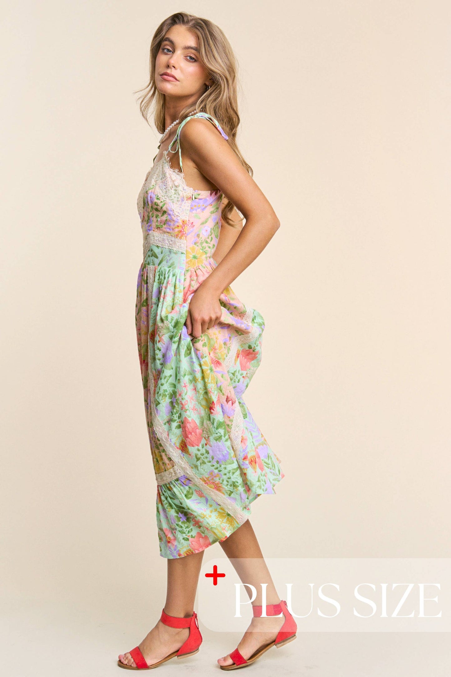 Plus Size Floral Lace Trim Tiered Midi Dress with Spaghetti Tie Straps