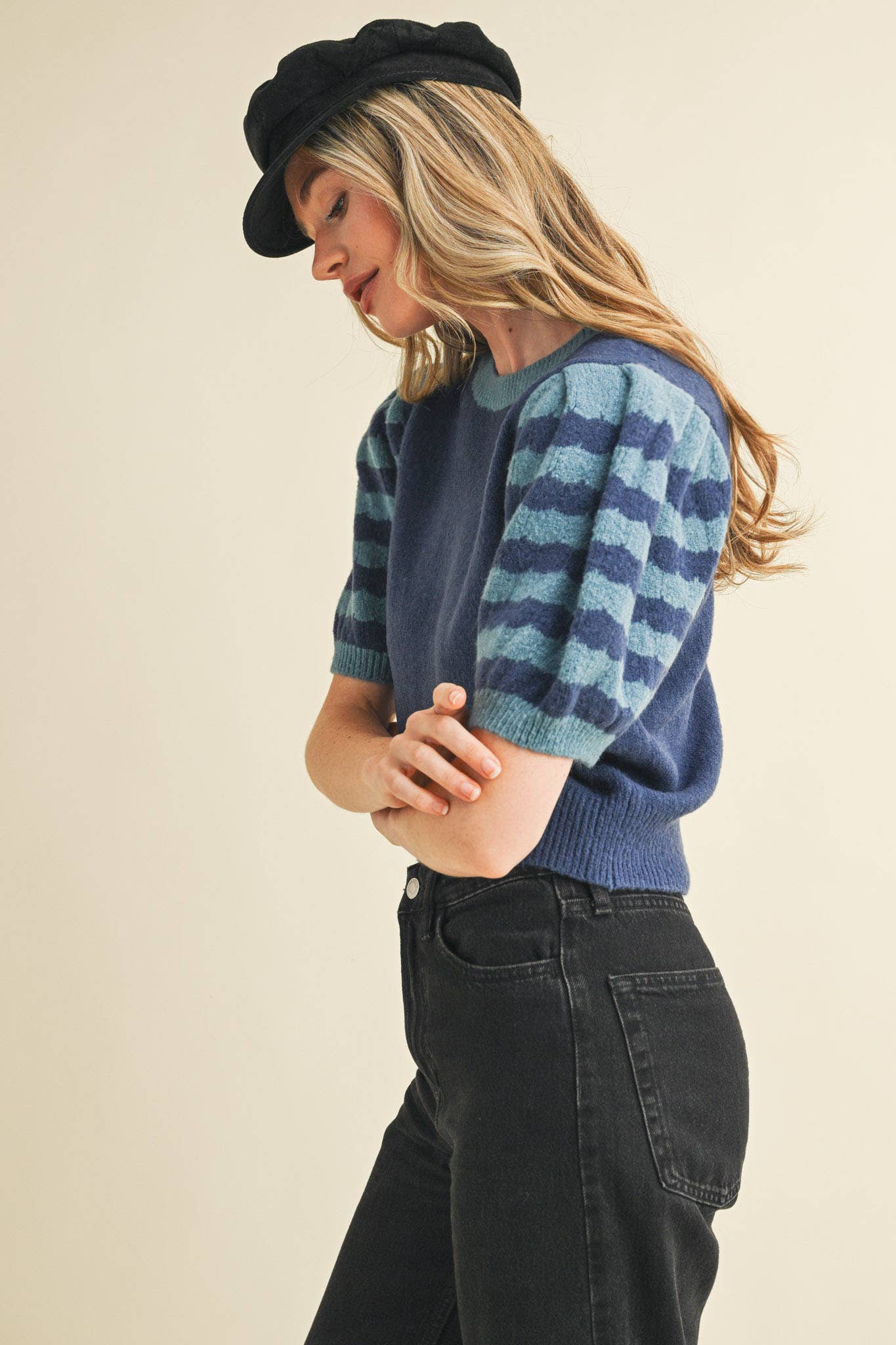 Soft Knit Striped Sweater with Puff Sleeves