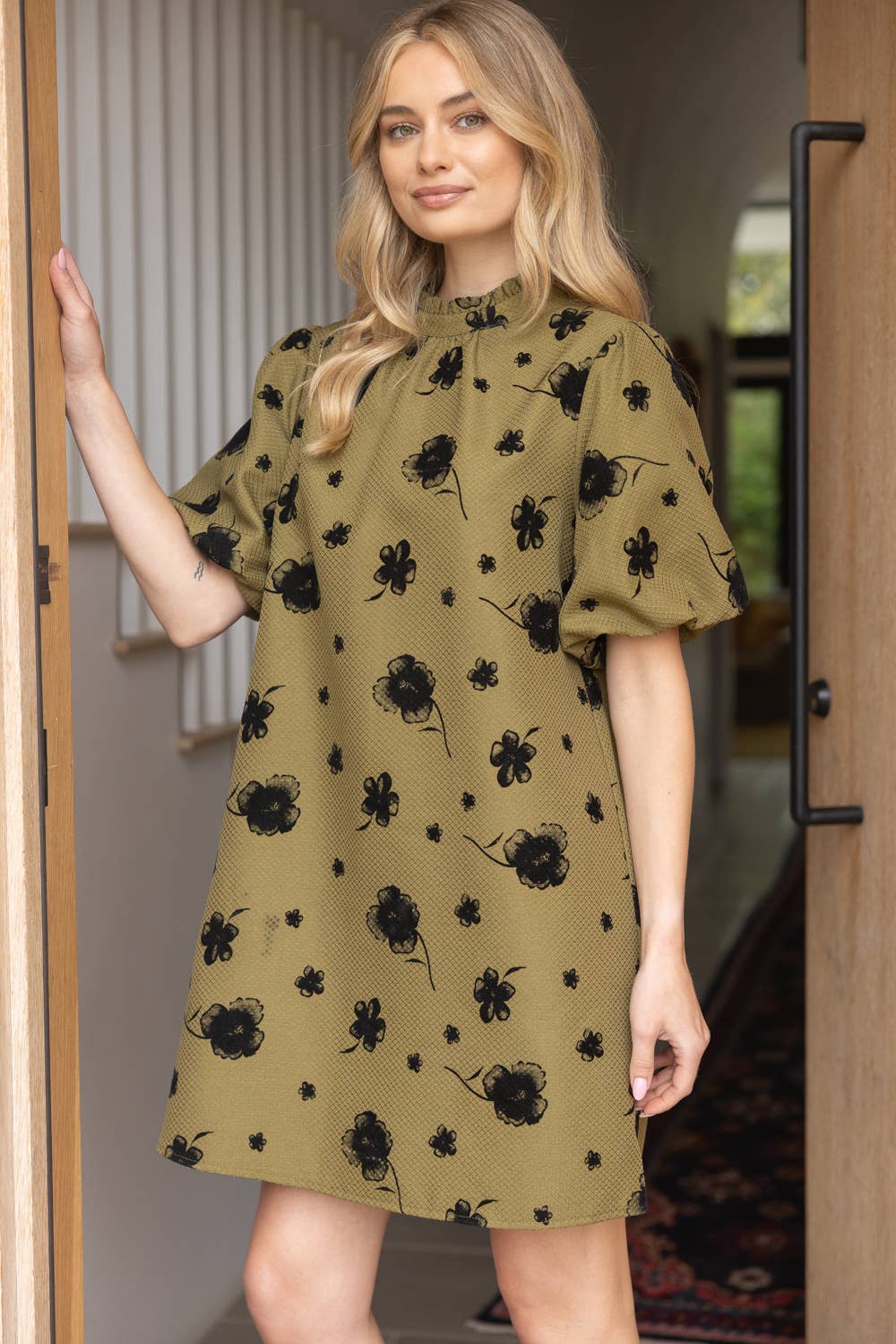 Floral Bubble Sleeve Dress with Ruffled Collar & Self-Tie Back