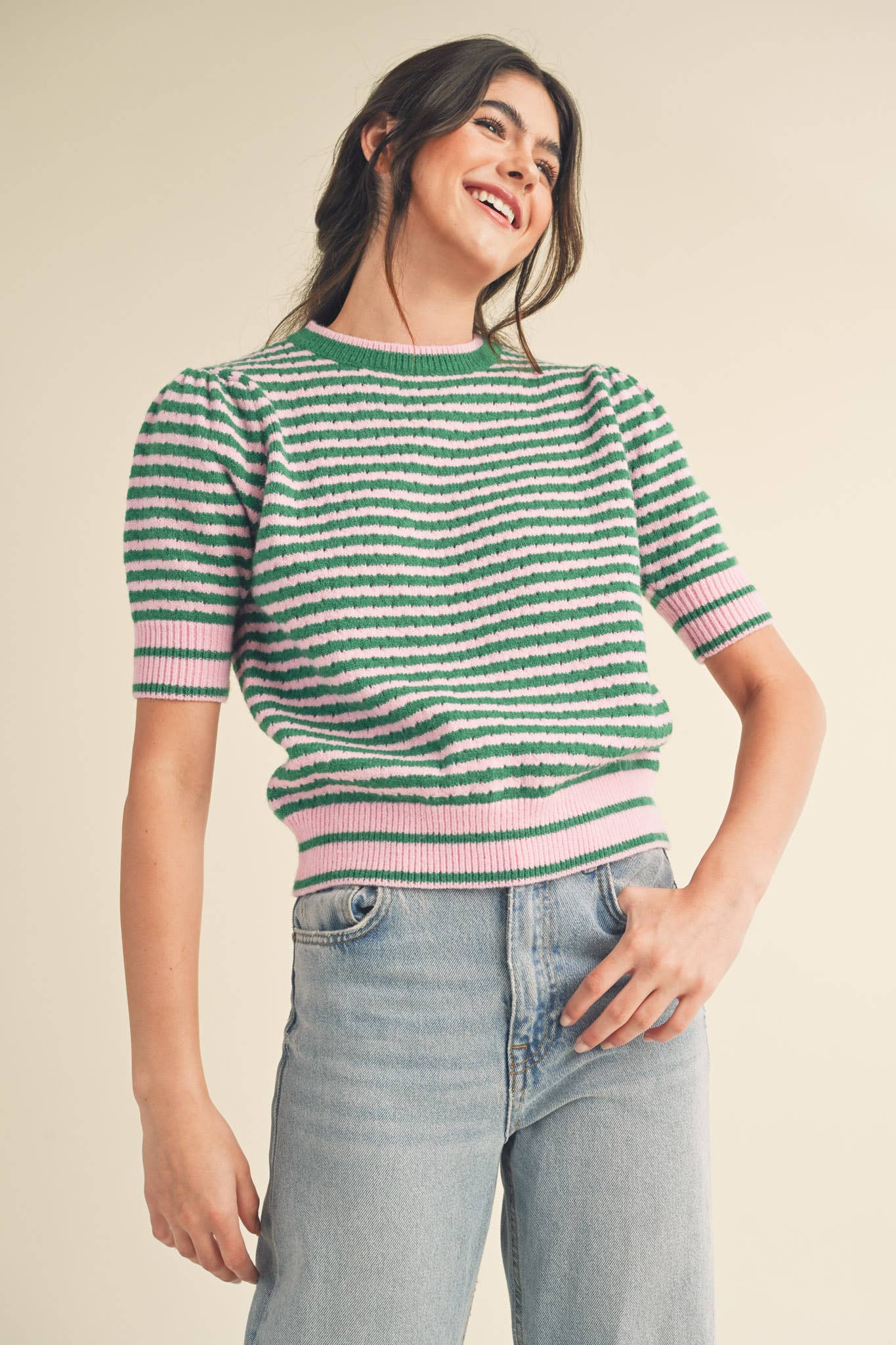 Striped Pointelle Knit Sweater with Puff Sleeves – Lightweight Crew Neck
