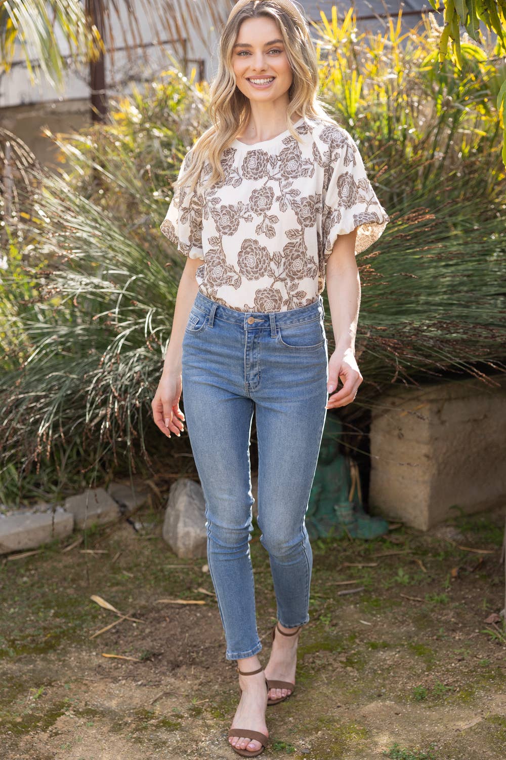 Floral Bubble Sleeve Top – Ribbed Round Neck Blouse