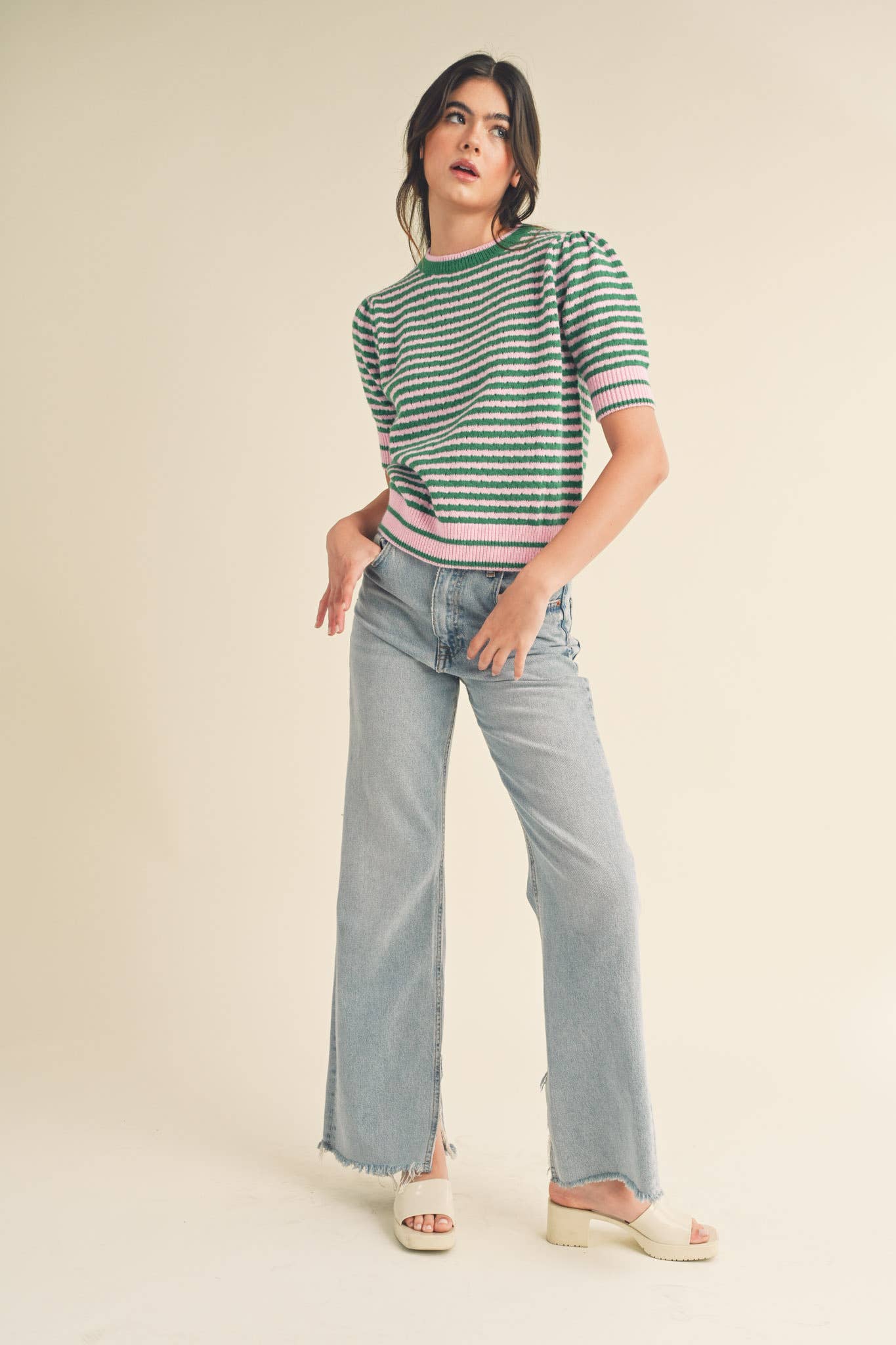 Striped Pointelle Knit Sweater with Puff Sleeves – Lightweight Crew Neck