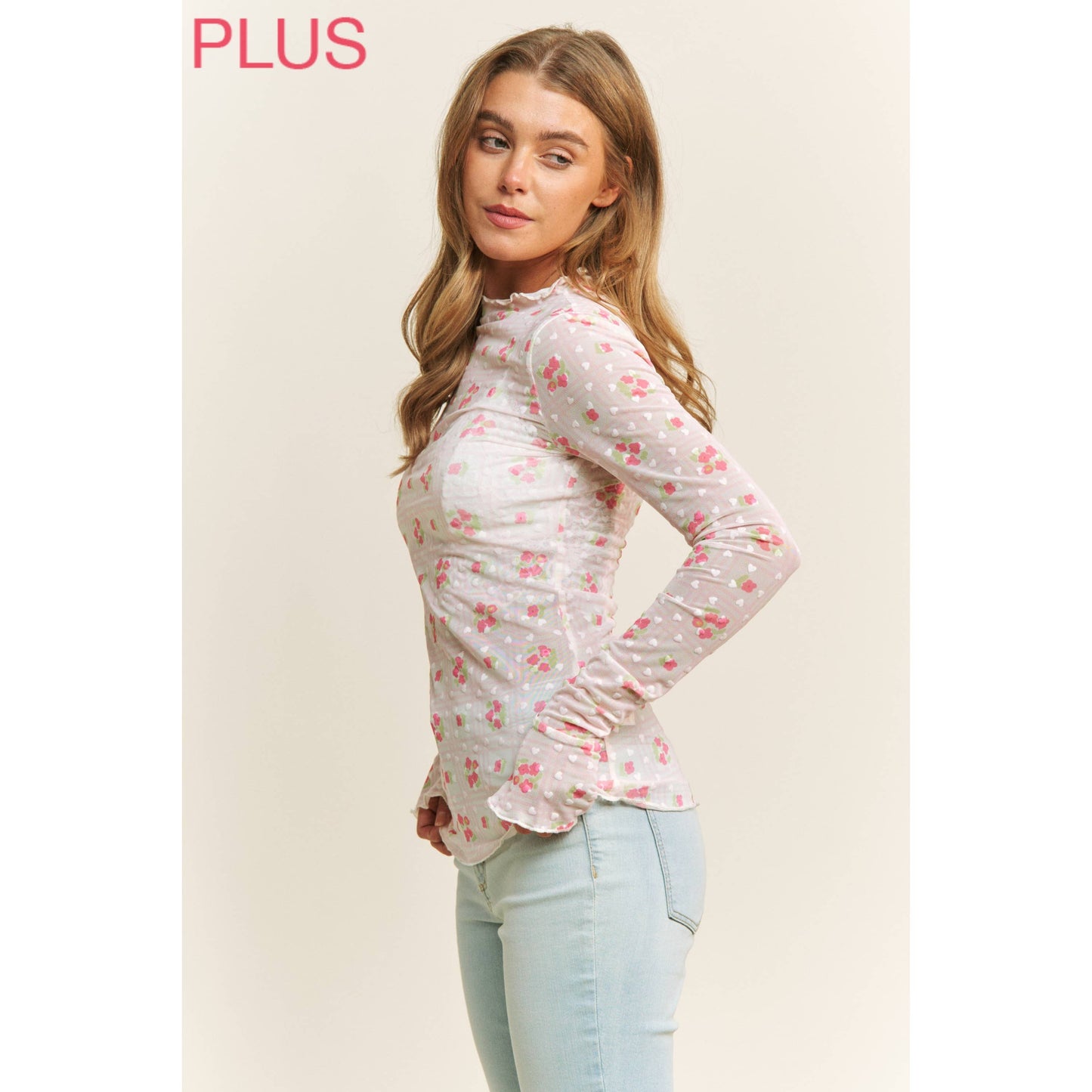 CUTE MESH HEART FLOCKING WITH FLORAL PRINT HIGH NECK DESIGN