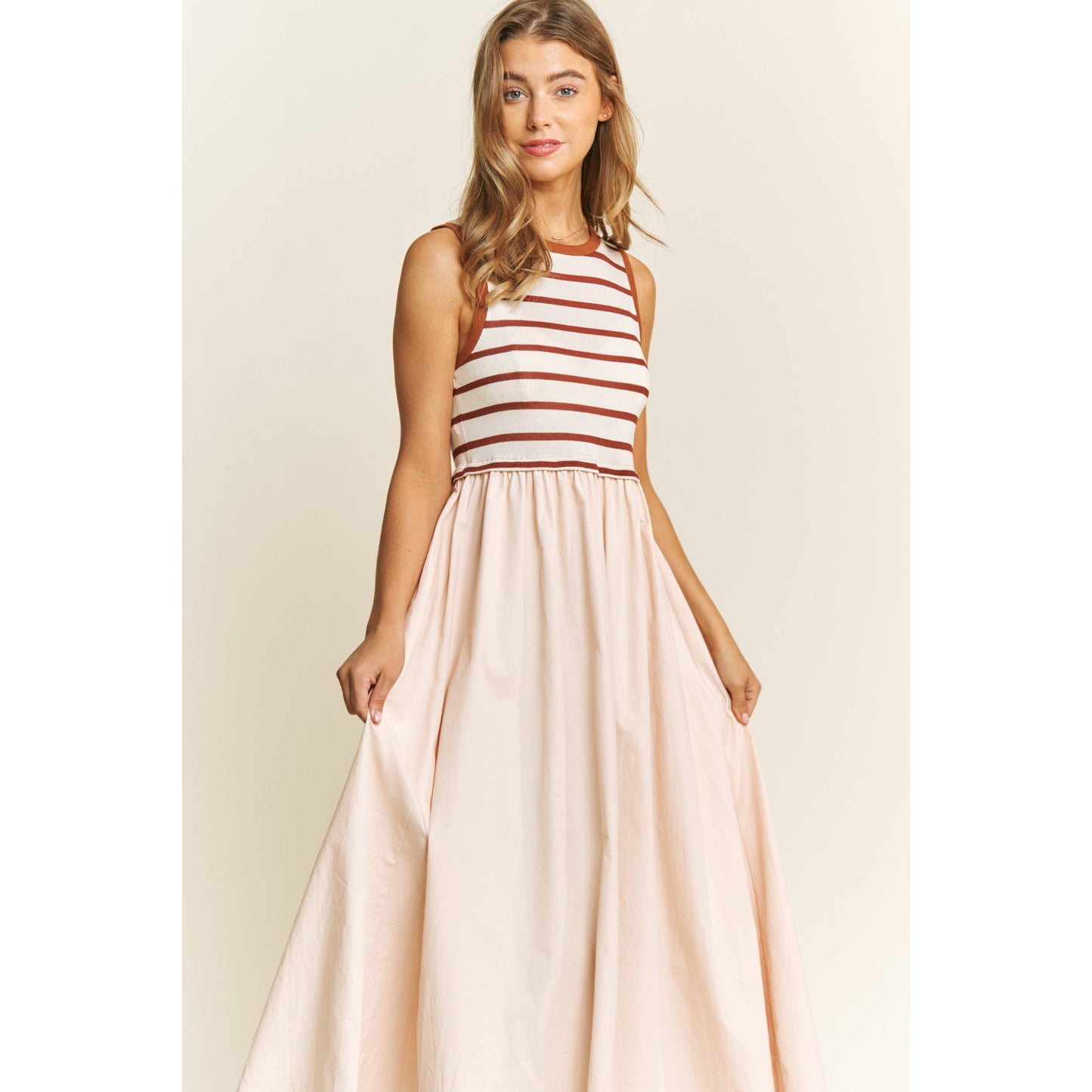 Cotton Maxi Dress with Knit Stripe Top – Sleeveless Pullover