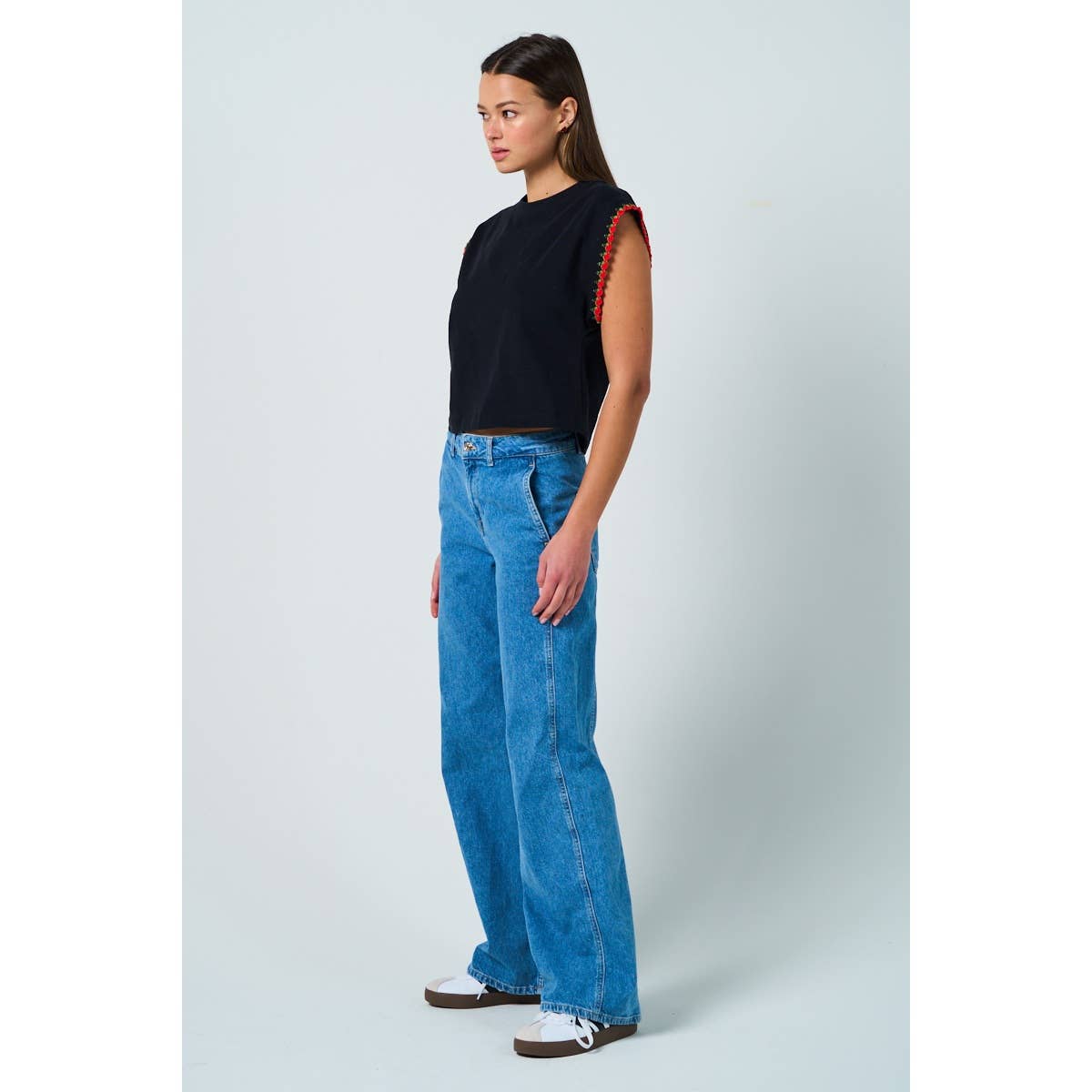 Cotton Drop Shoulder Top with Floral Sleeve Trim – Relaxed & Feminine Fit