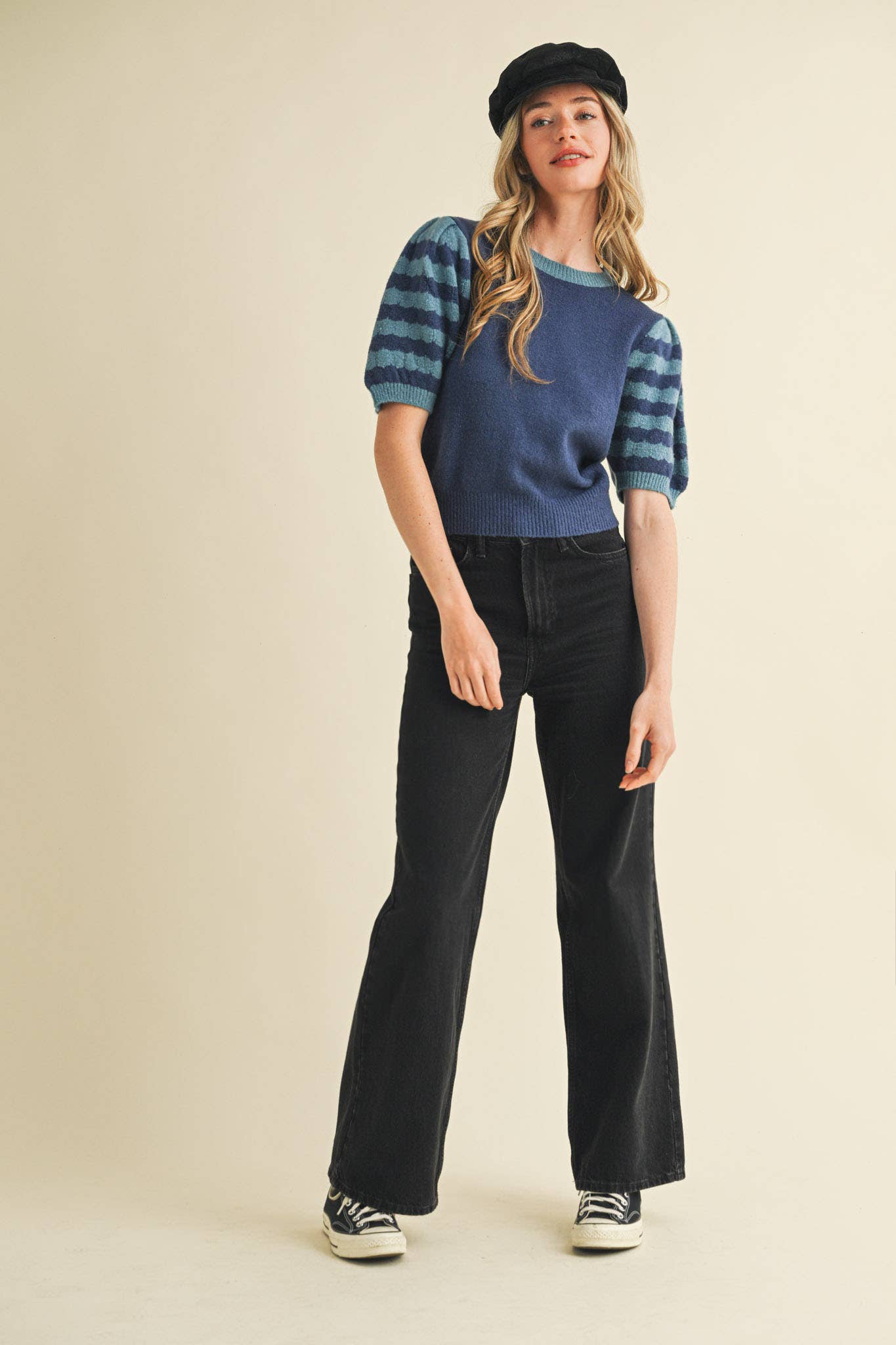 Soft Knit Striped Sweater with Puff Sleeves