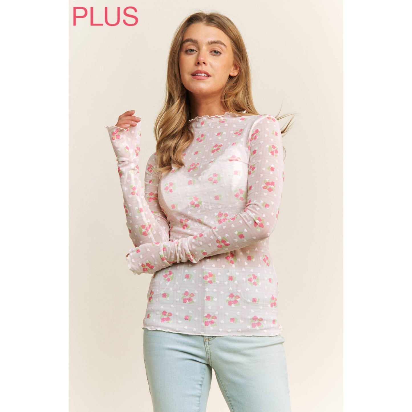 CUTE MESH HEART FLOCKING WITH FLORAL PRINT HIGH NECK DESIGN