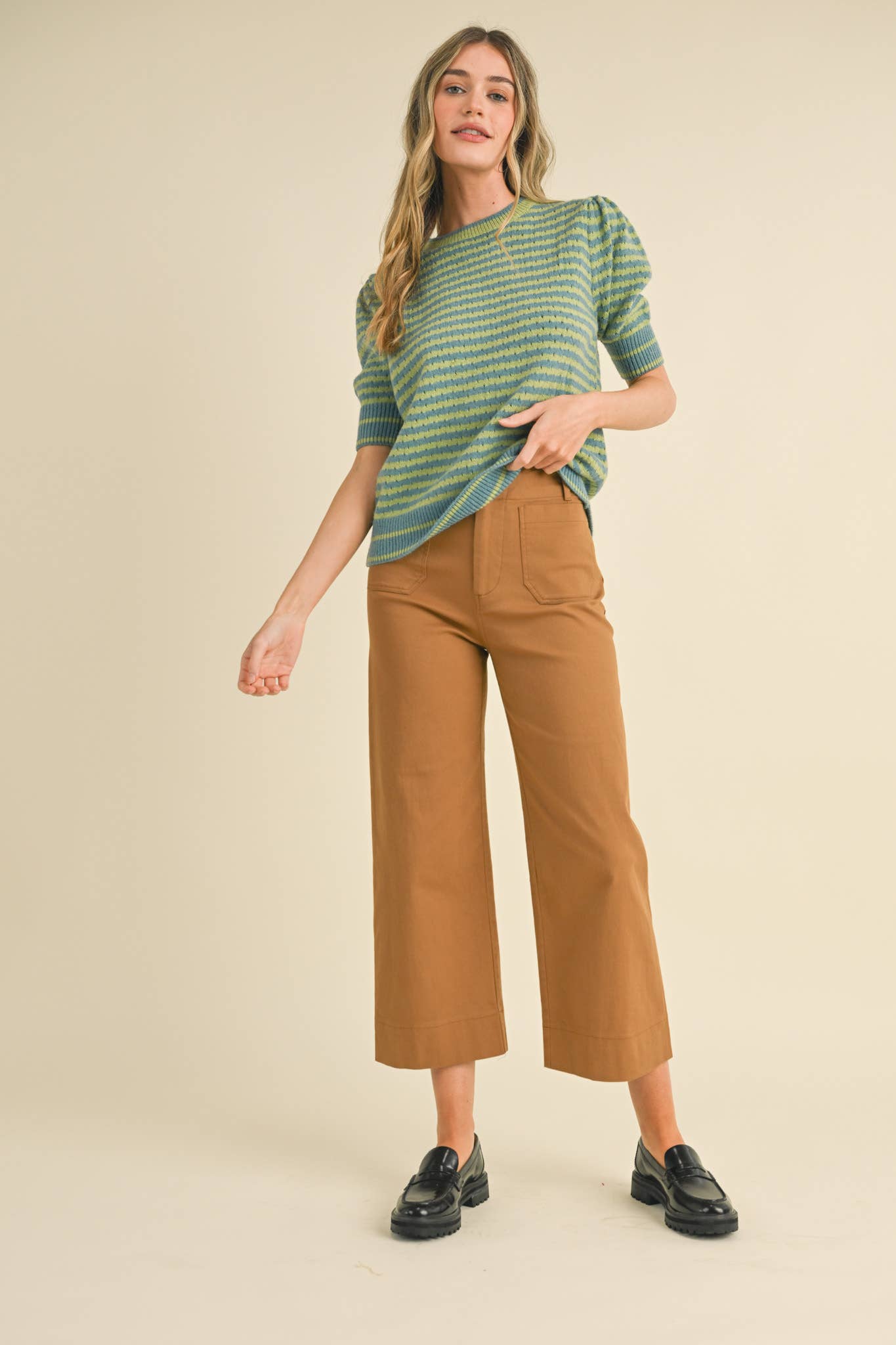 Striped Pointelle Knit Sweater with Puff Sleeves – Lightweight Crew Neck