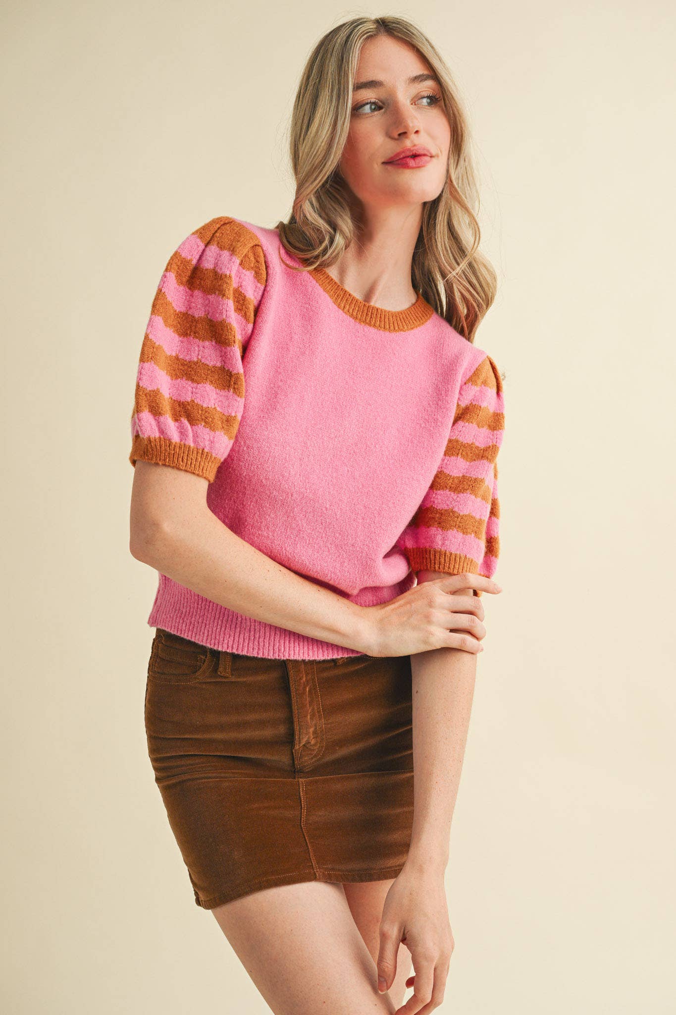 Soft Knit Striped Sweater with Puff Sleeves
