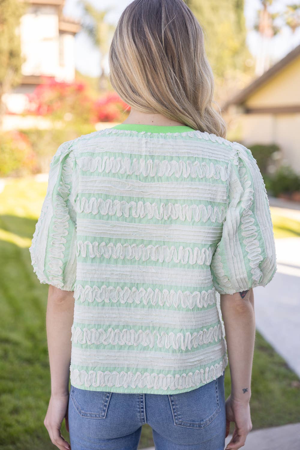 Striped Puff Sleeve Top with Wavy Contrast Trim