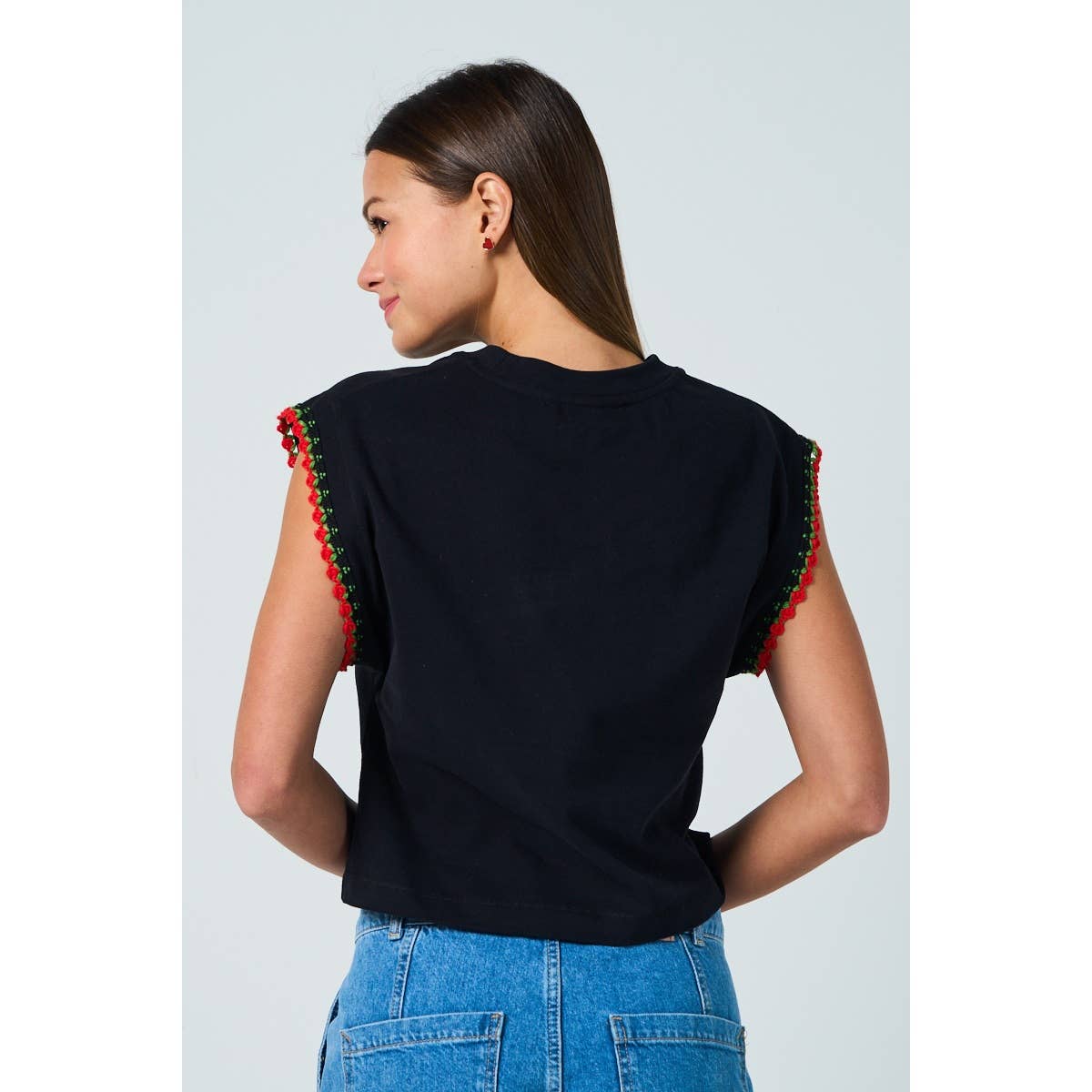 Cotton Drop Shoulder Top with Floral Sleeve Trim – Relaxed & Feminine Fit
