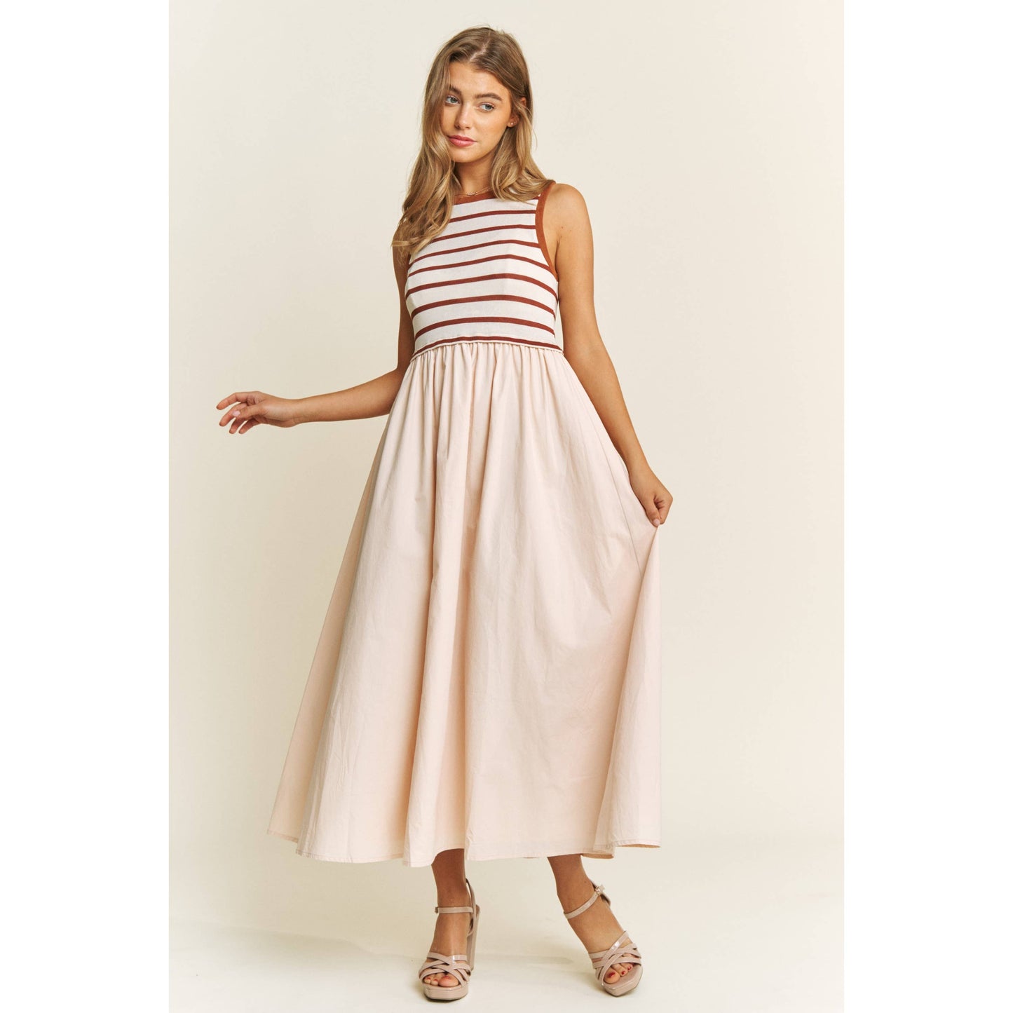 Cotton Maxi Dress with Knit Stripe Top – Sleeveless Pullover