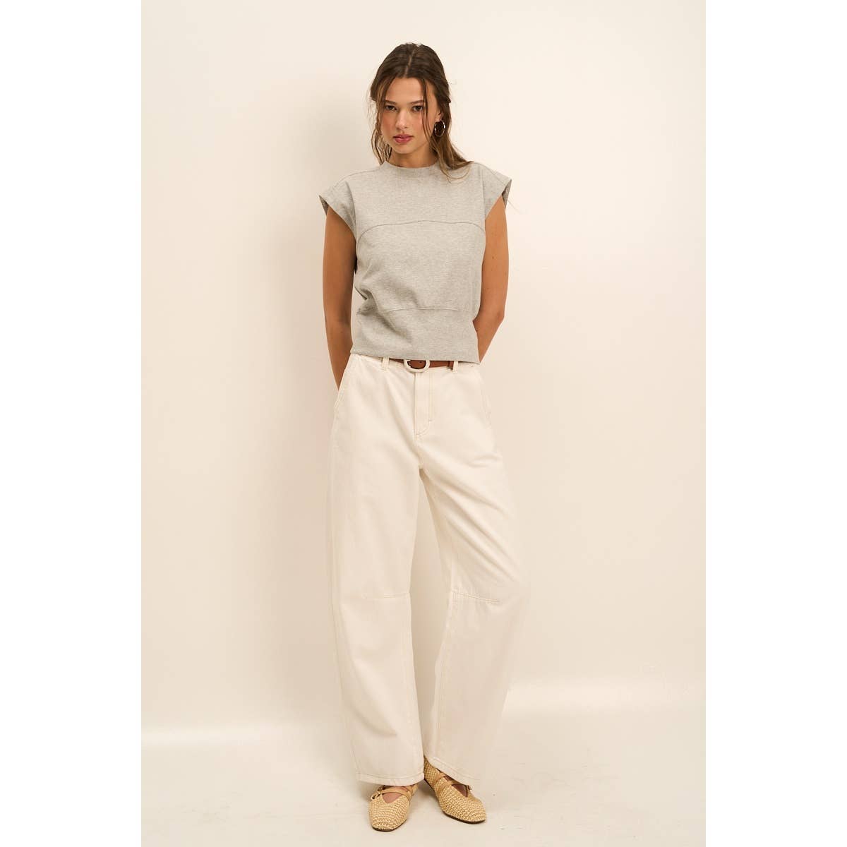 Adjustable Buckle Drop Shoulder Knit Top with Back Slit — Soft Cotton Blend