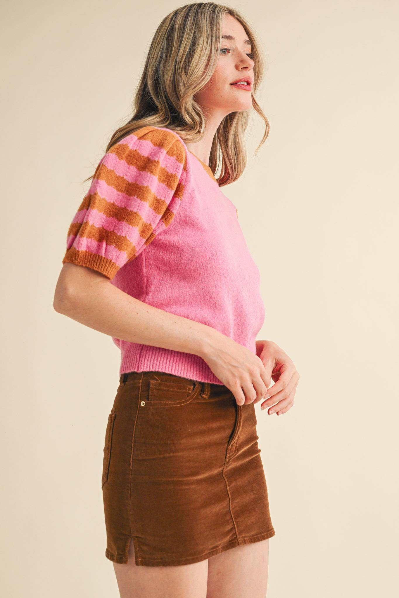 Soft Knit Striped Sweater with Puff Sleeves