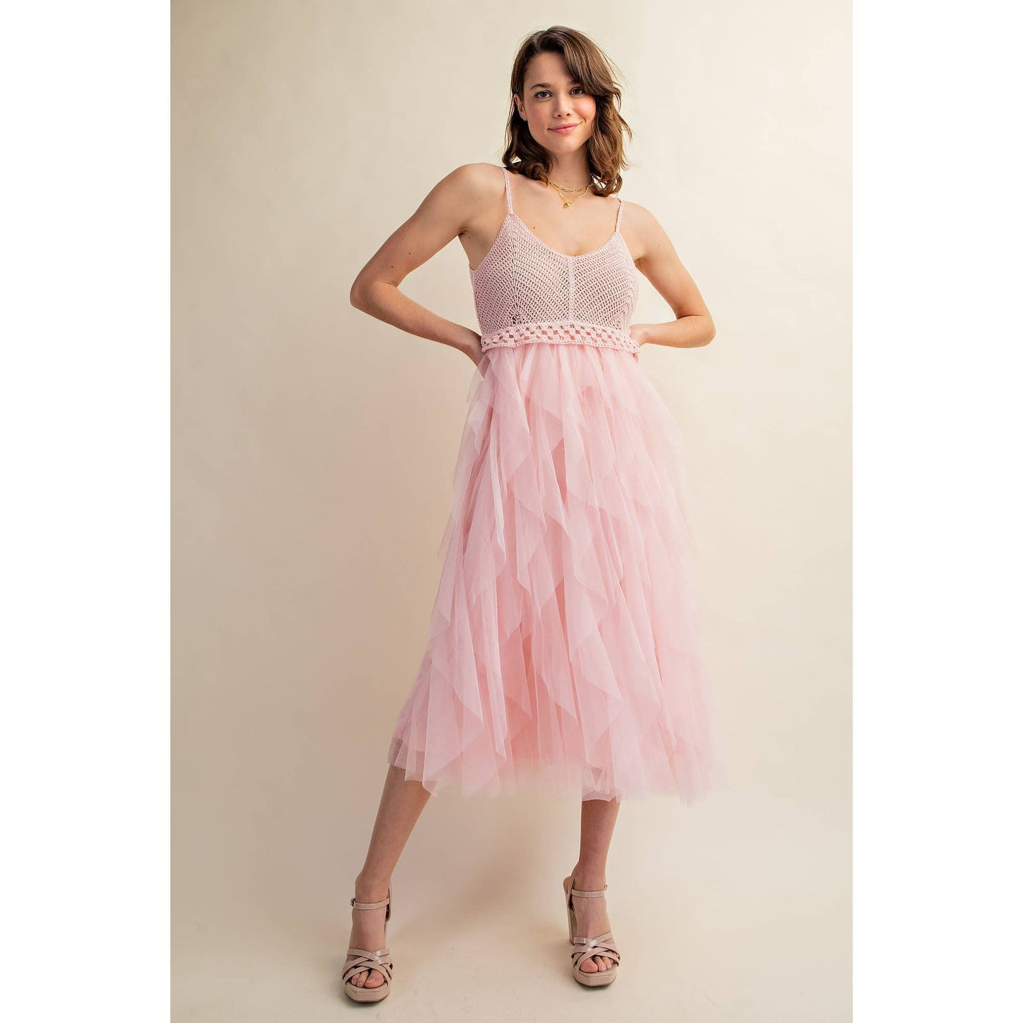 Tulle Midi Crochet Dress – Heart Neckline & Adjustable Waist