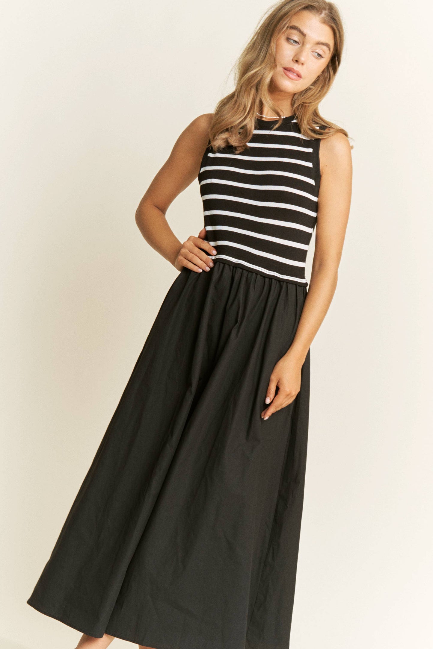 Cotton Maxi Dress with Knit Stripe Top – Sleeveless Pullover
